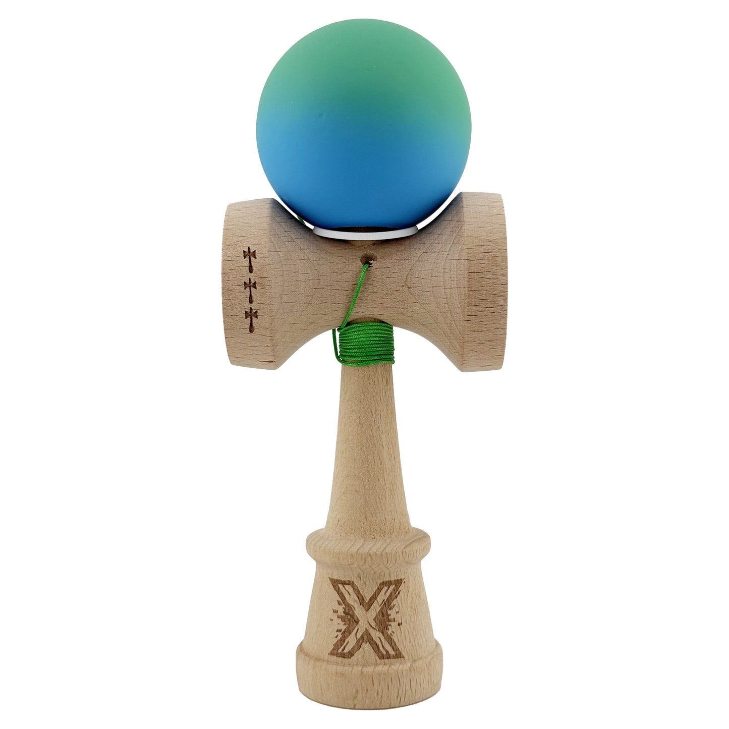 Kendama X Originala, Profesionala, Klevo, Cupe Mari KING SIZE V3, Rubber Grip, Gaura in Baza, Rulment Metalic, din lemn 18 cm, Ata 62/65 cm, Gradient Verde/Albastru