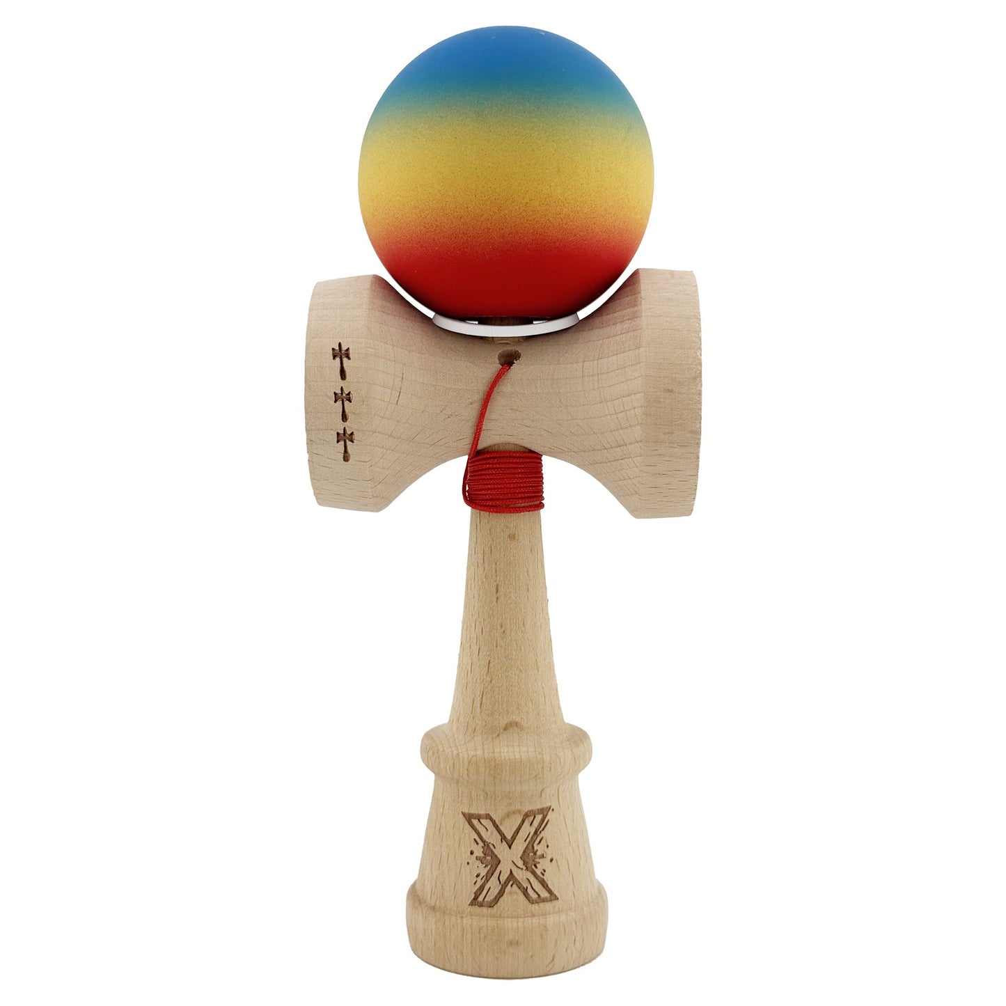 Kendama X Originala, Profesionala, Klevo, Cupe Mari KING SIZE V3, Rubber Grip, Gaura in Baza, Rulment Metalic, din lemn 18 cm, Ata 62/65 cm, Gradient Albastru/Galben/Rosu