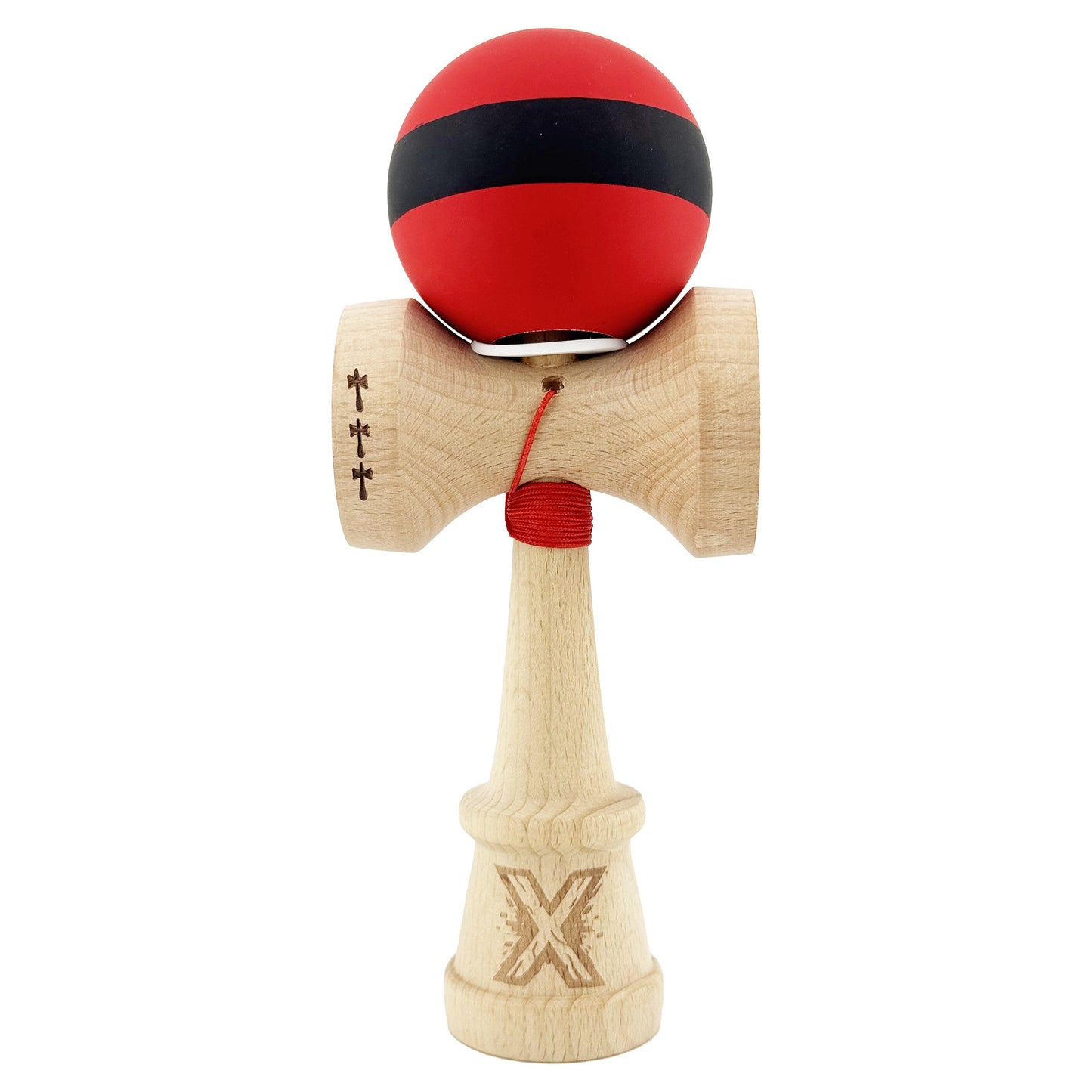 Kendama X Originala, Profesionala, Klevo, Cupe Mari KING SIZE V3, Rubber Grip, Gaura in Baza, Rulment Metalic, din lemn 18 cm, Ata 62/65 cm, M Bicolor Rosu Dublu/Negru