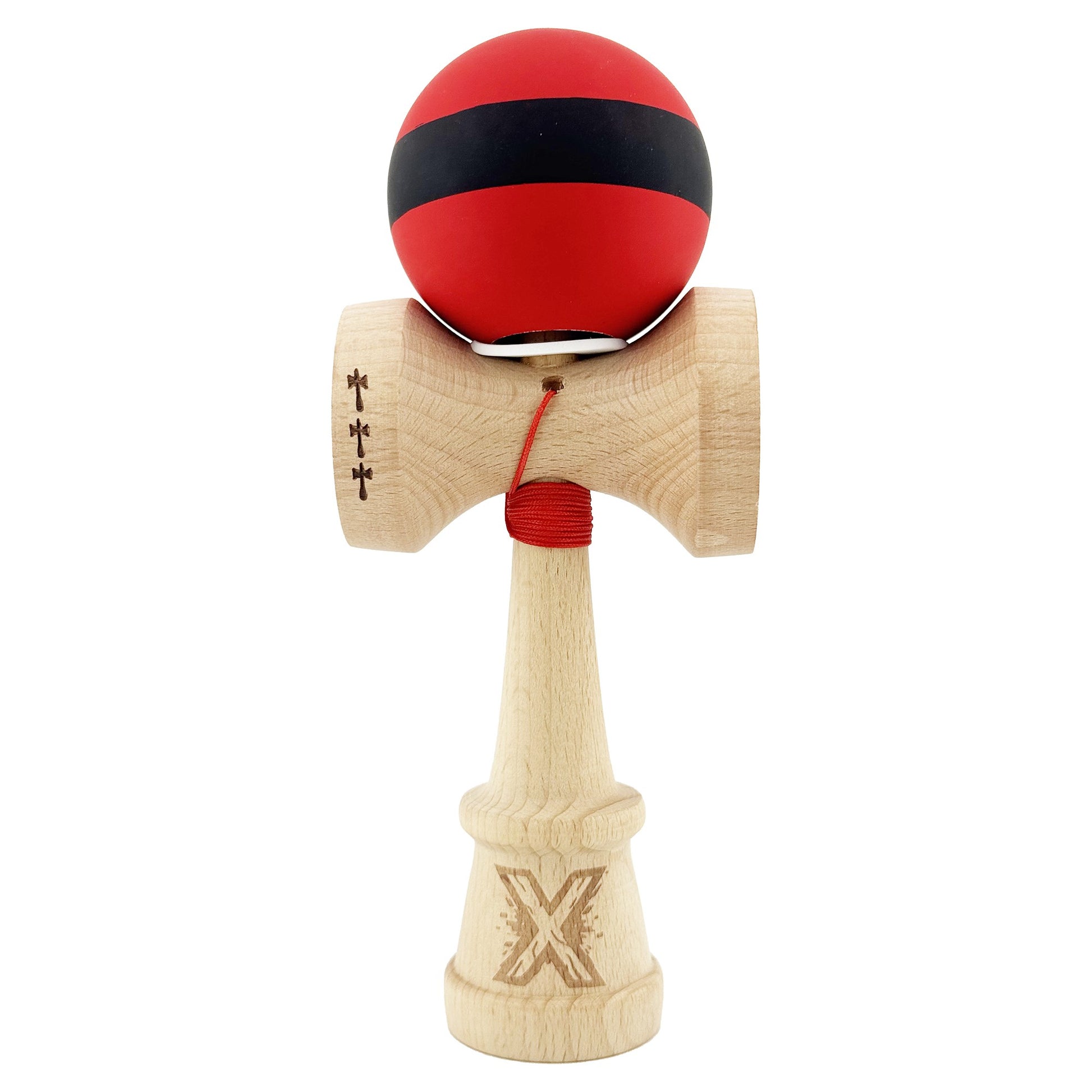 Kendama X Originala, Profesionala, Klevo, Cupe Mari KING SIZE V3, Rubber Grip, Gaura in Baza, Rulment Metalic, din lemn 18 cm, Ata 62/65 cm, M Bicolor Rosu Dublu/Negru