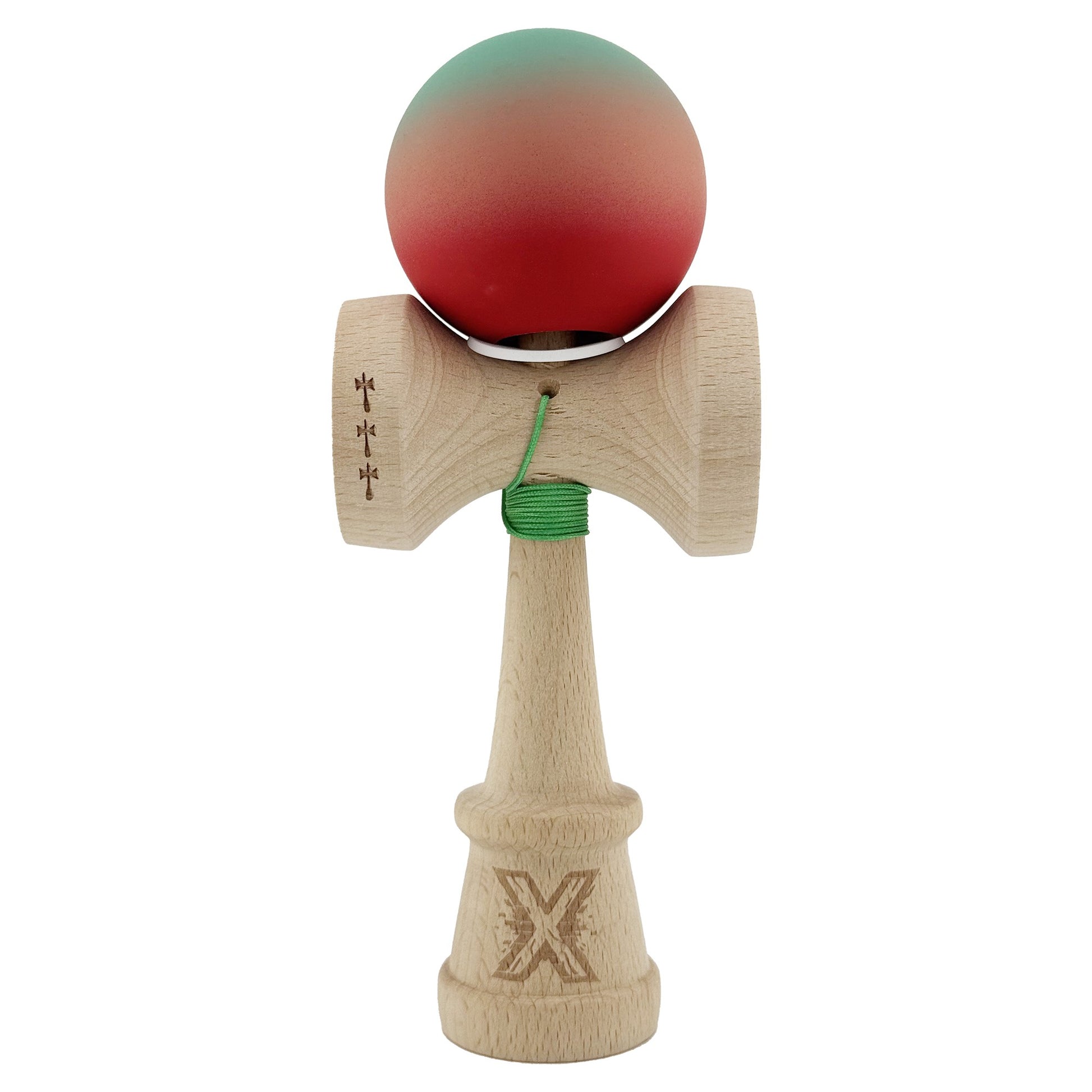 Kendama X Originala, Profesionala, Klevo, Cupe Mari KING SIZE V3, Rubber Grip, Gaura in Baza, Rulment Metalic, din lemn 18 cm, Ata 62/65 cm, Gradient Verde/Roz/Rosu