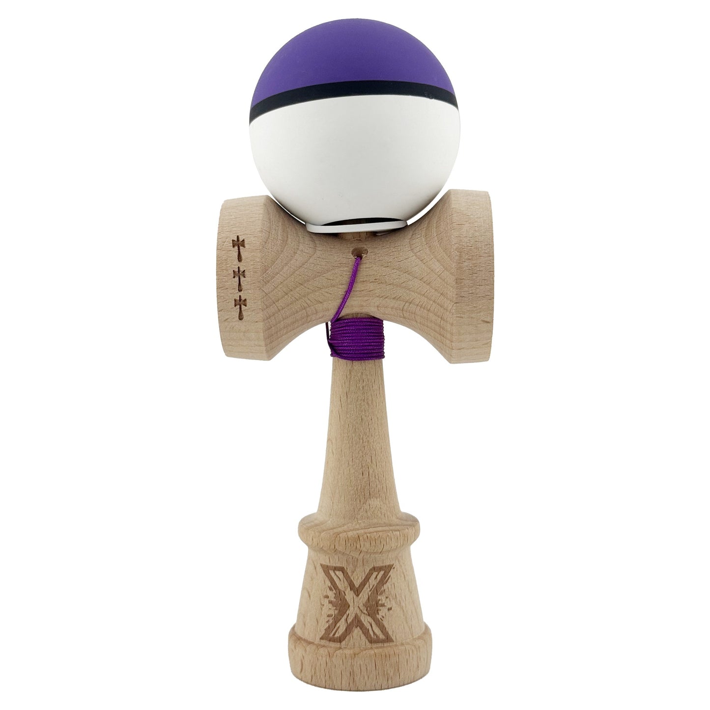 Kendama X Originala, Profesionala, Klevo, Cupe Mari KING SIZE V3, Rubber Grip, Gaura in Baza, Rulment Metalic, din lemn 18 cm, Ata 62/65 cm, S Bicolor Mov/Alb