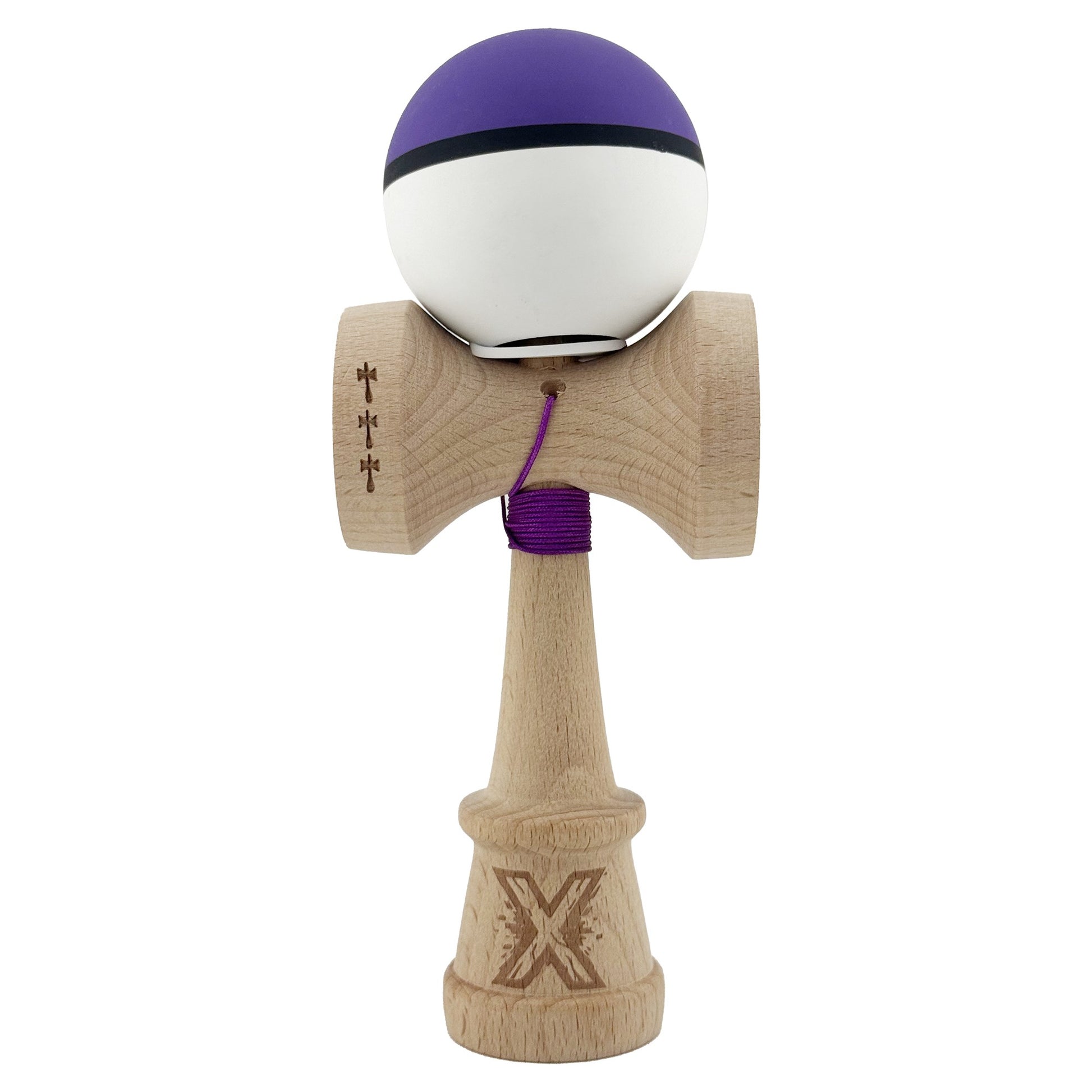 Kendama X Originala, Profesionala, Klevo, Cupe Mari KING SIZE V3, Rubber Grip, Gaura in Baza, Rulment Metalic, din lemn 18 cm, Ata 62/65 cm, S Bicolor Mov/Alb