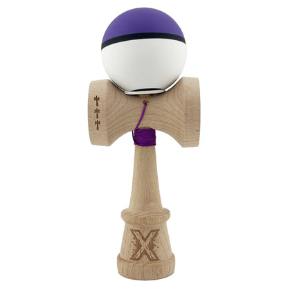 Kendama X Originala, Profesionala, Klevo, Cupe Mari KING SIZE V3, Rubber Grip, Gaura in Baza, Rulment Metalic, din lemn 18 cm, Ata 62/65 cm, S Bicolor Mov/Alb