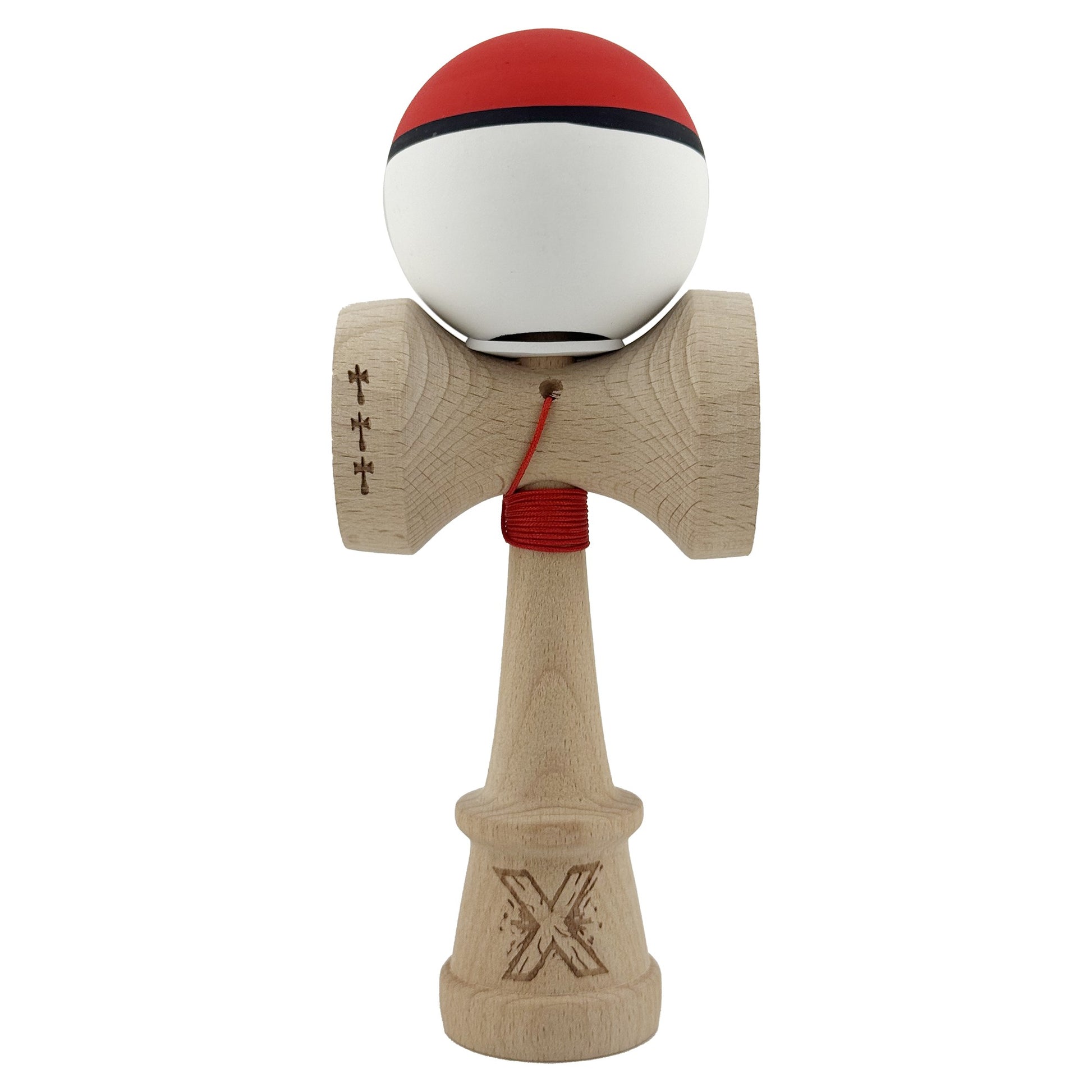 Kendama X Originala, Profesionala, Klevo, Cupe Mari KING SIZE V3, Rubber Grip, Gaura in Baza, Rulment Metalic, din lemn 18 cm, Ata 62/65 cm, S Bicolor Rosu/Alb
