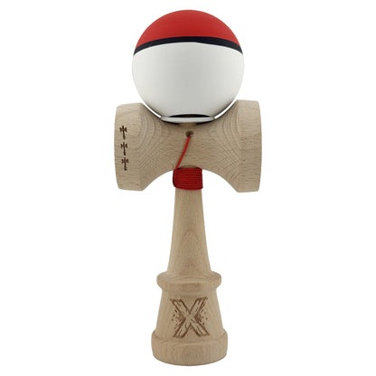 Kendama X Originala, Profesionala, Klevo, Cupe Mari KING SIZE V3, Rubber Grip, Gaura in Baza, Rulment Metalic, din lemn 18 cm, Ata 62/65 cm, S Bicolor Rosu/Alb