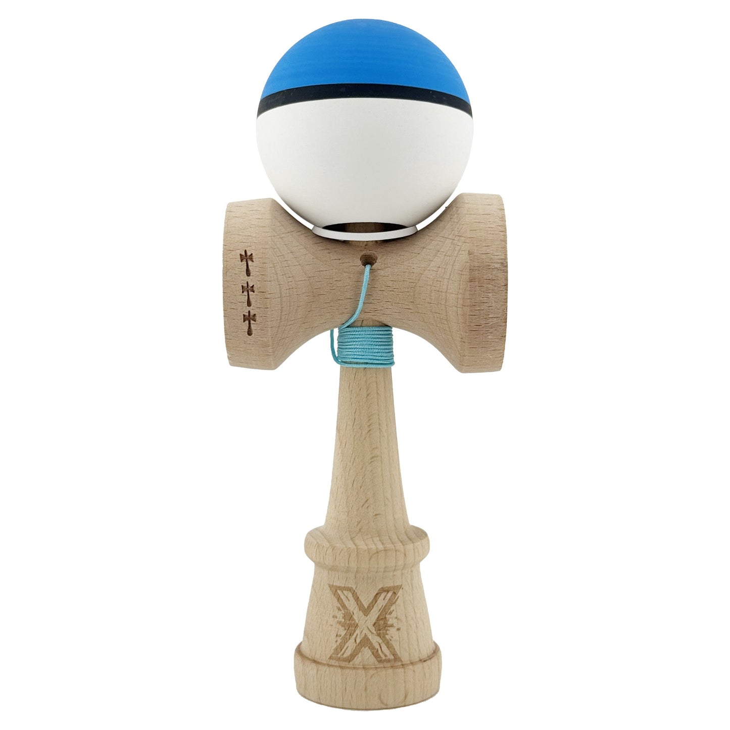 Kendama X Originala, Profesionala, Klevo, Cupe Mari KING SIZE V3, Rubber Grip, Gaura in Baza, Rulment Metalic, din lemn 18 cm, Ata 62/65 cm, S Bicolor Albastru/Alb