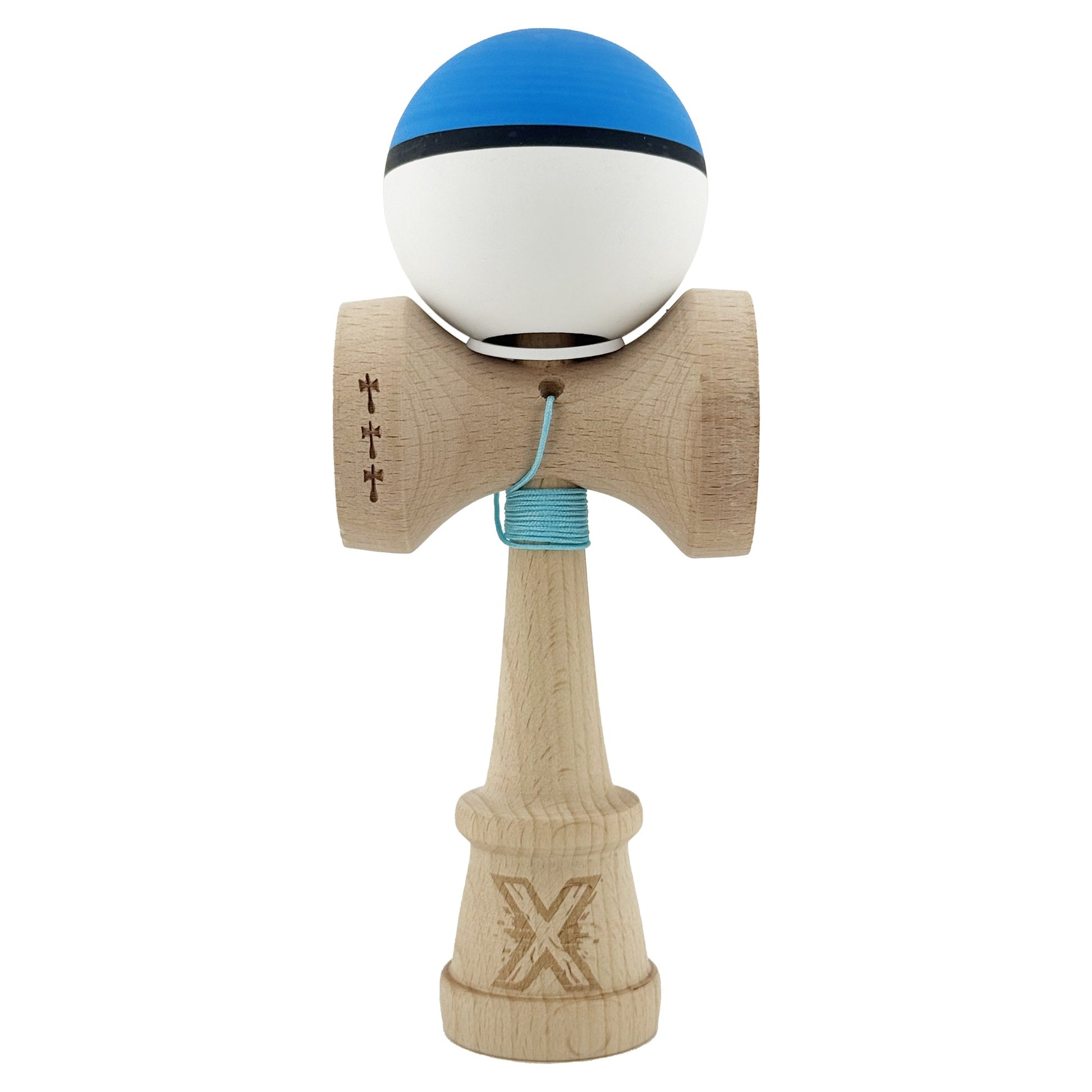 Kendama X Originala, Profesionala, Klevo, Cupe Mari KING SIZE V3, Rubber Grip, Gaura in Baza, Rulment Metalic, din lemn 18 cm, Ata 62/65 cm, S Bicolor Albastru/Alb