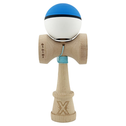 Kendama X Originala, Profesionala, Klevo, Cupe Mari KING SIZE V3, Rubber Grip, Gaura in Baza, Rulment Metalic, din lemn 18 cm, Ata 62/65 cm, S Bicolor Albastru/Alb