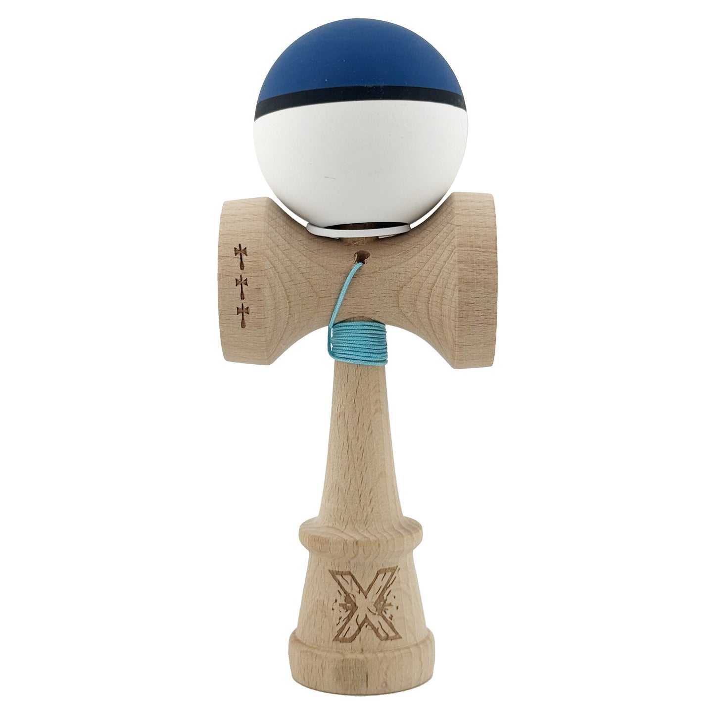 Kendama X Originala, Profesionala, Klevo, Cupe Mari KING SIZE V3, Rubber Grip, Gaura in Baza, Rulment Metalic, din lemn 18 cm, Ata 62/65 cm, S Bicolor Albastru inchis/Alb