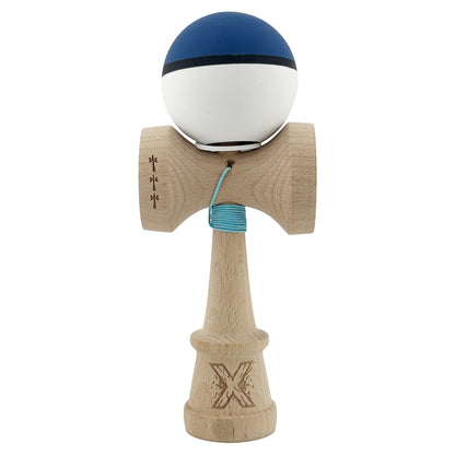 Kendama X Originala, Profesionala, Klevo, Cupe Mari KING SIZE V3, Rubber Grip, Gaura in Baza, Rulment Metalic, din lemn 18 cm, Ata 62/65 cm, S Bicolor Albastru inchis/Alb