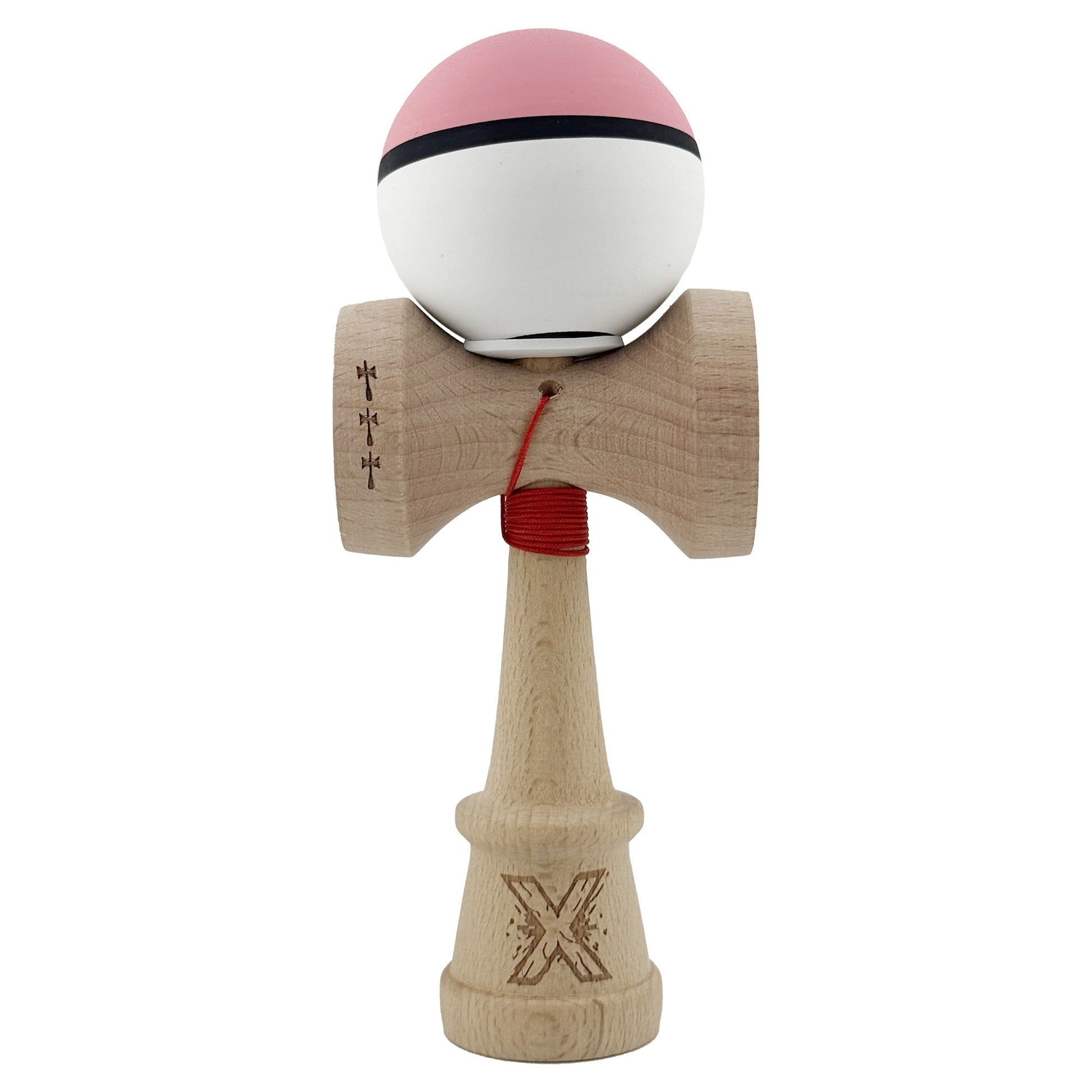 Kendama X Originala, Profesionala, Klevo, Cupe Mari KING SIZE V3, Rubber Grip, Gaura in Baza, Rulment Metalic, din lemn 18 cm, Ata 62/65 cm, S Bicolor Roz/Alb