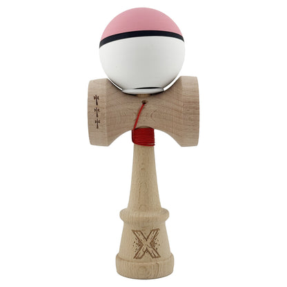 Kendama X Originala, Profesionala, Klevo, Cupe Mari KING SIZE V3, Rubber Grip, Gaura in Baza, Rulment Metalic, din lemn 18 cm, Ata 62/65 cm, S Bicolor Roz/Alb