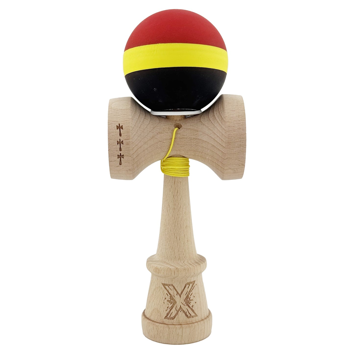 Kendama X Originala, Profesionala, Klevo, Cupe Mari KING SIZE V3, Rubber Grip, Gaura in Baza, Rulment Metalic, din lemn 18 cm, Ata 62/65 cm, M Rosu/Galben/Negru