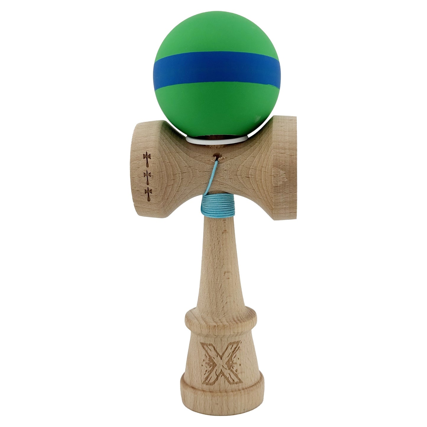 Kendama X Originala, Profesionala, Klevo, Cupe Mari KING SIZE V3, Rubber Grip, Gaura in Baza, Rulment Metalic, din lemn 18 cm, Ata 62/65 cm, M Verde/Albastru/Verde