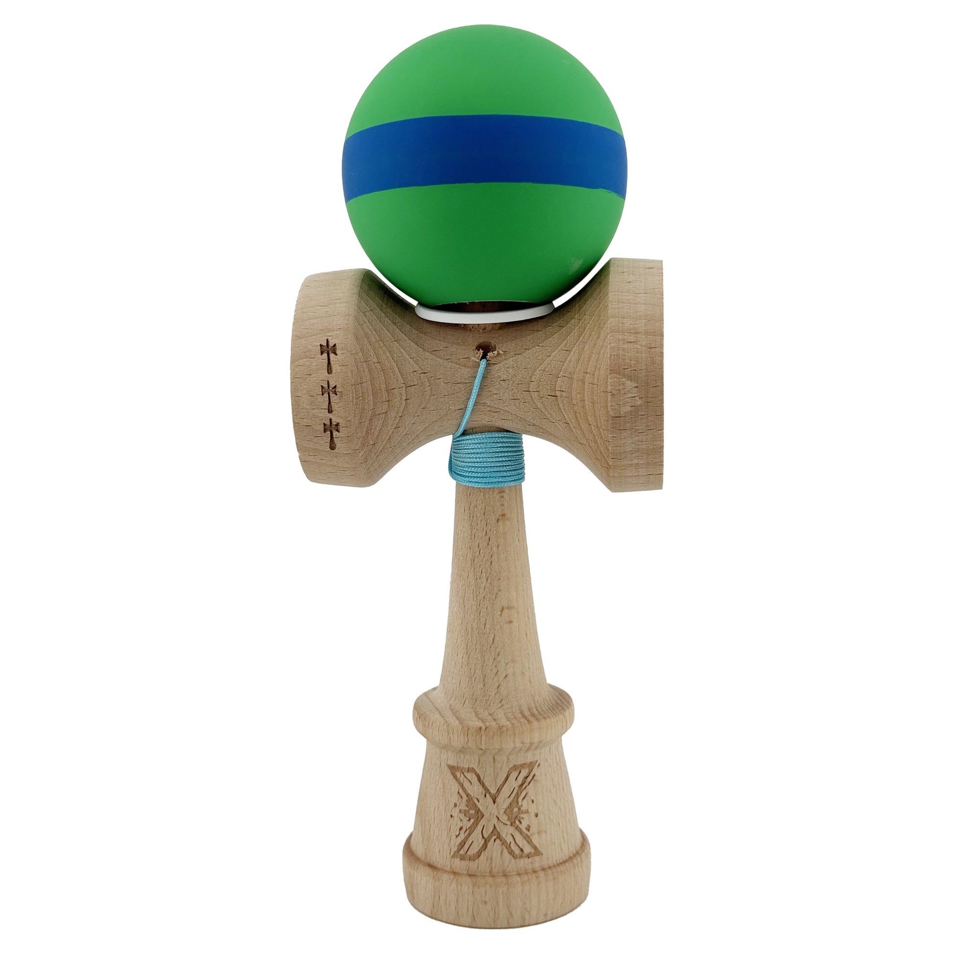 Kendama X Originala, Profesionala, Klevo, Cupe Mari KING SIZE V3, Rubber Grip, Gaura in Baza, Rulment Metalic, din lemn 18 cm, Ata 62/65 cm, M Verde/Albastru/Verde