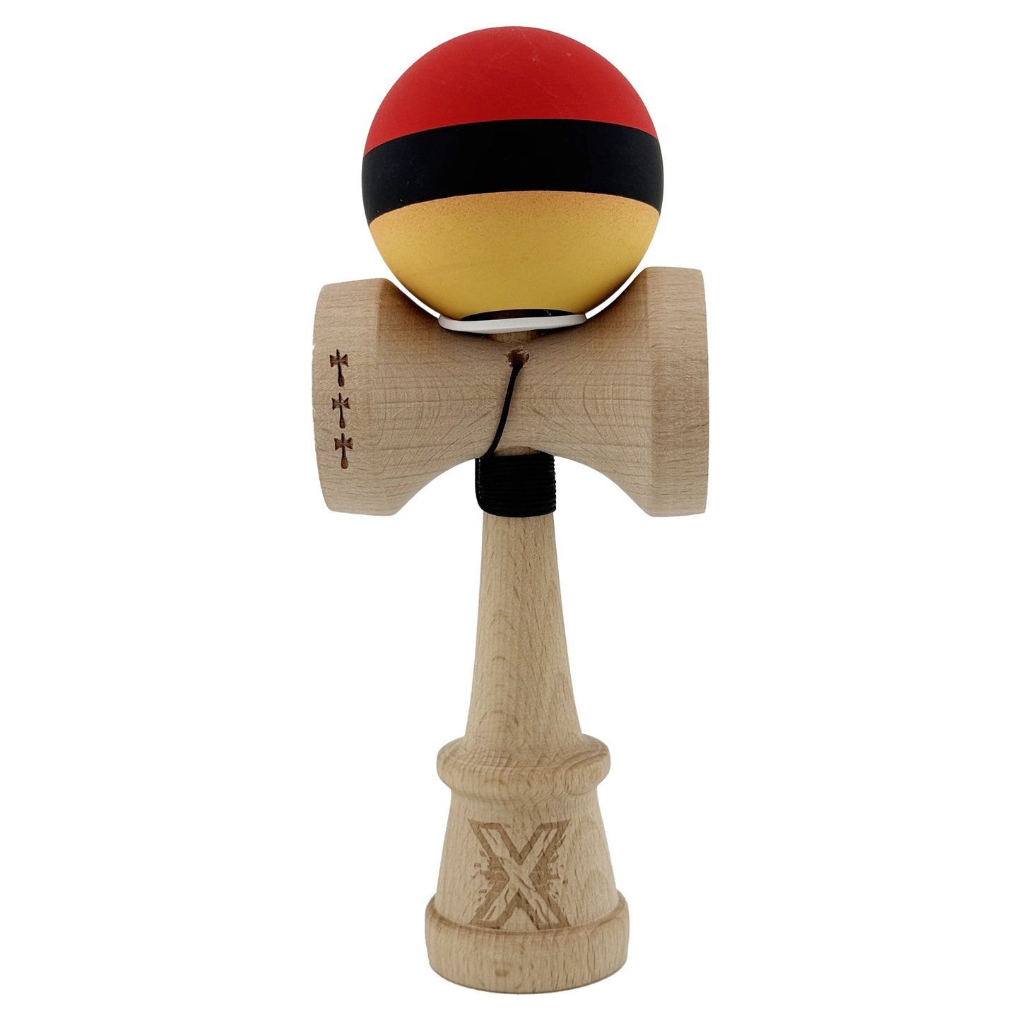 Kendama X Originala, Profesionala, Klevo, Cupe Mari KING SIZE V3, Rubber Grip, Gaura in Baza, Rulment Metalic, din lemn 18 cm, Ata 62/65 cm, M Rosu/Negru/Galben