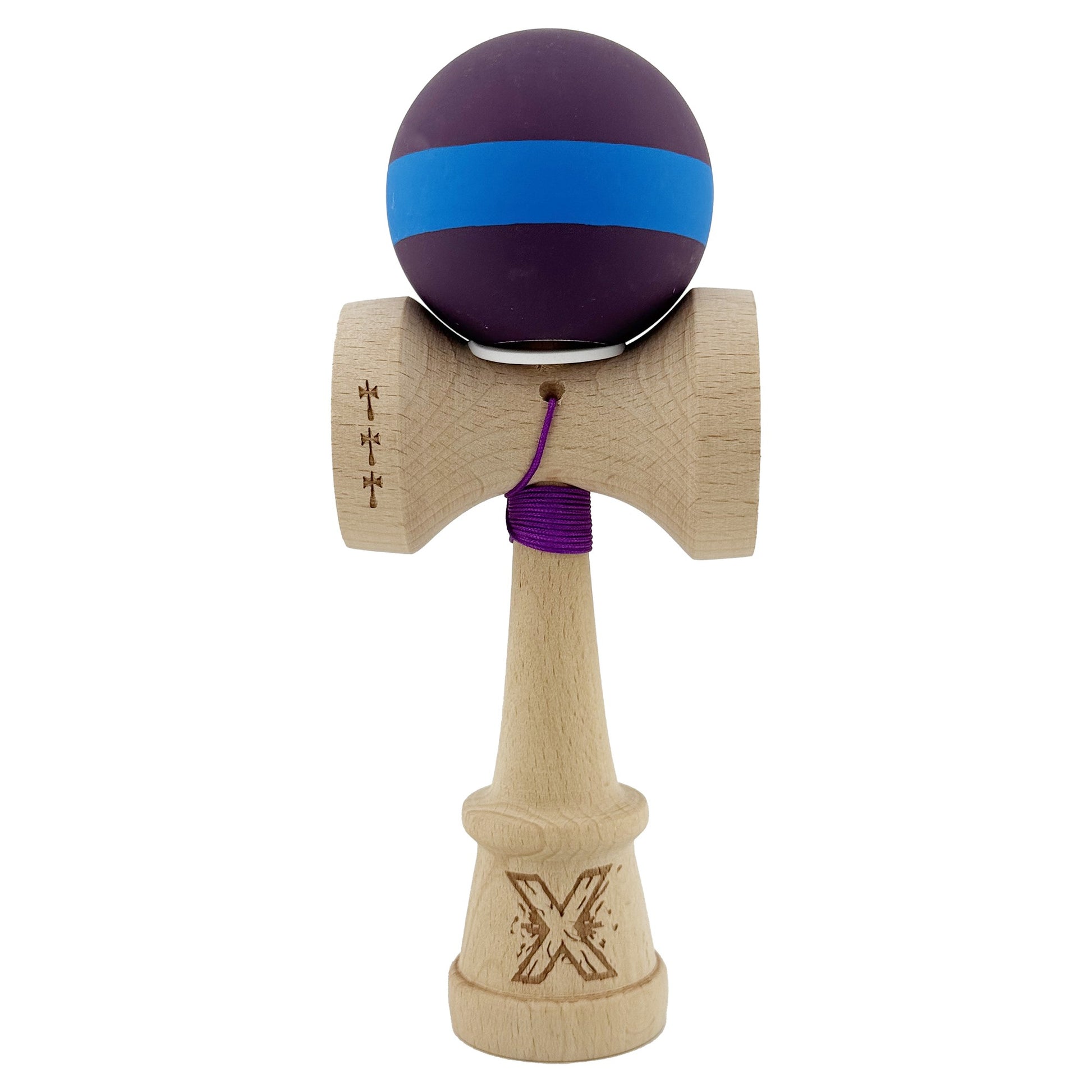 Kendama X Originala, Profesionala, Klevo, Cupe Mari KING SIZE V3, Rubber Grip, Gaura in Baza, Rulment Metalic, din lemn 18 cm, Ata 62/65 cm, M Mov/Albastru/Mov