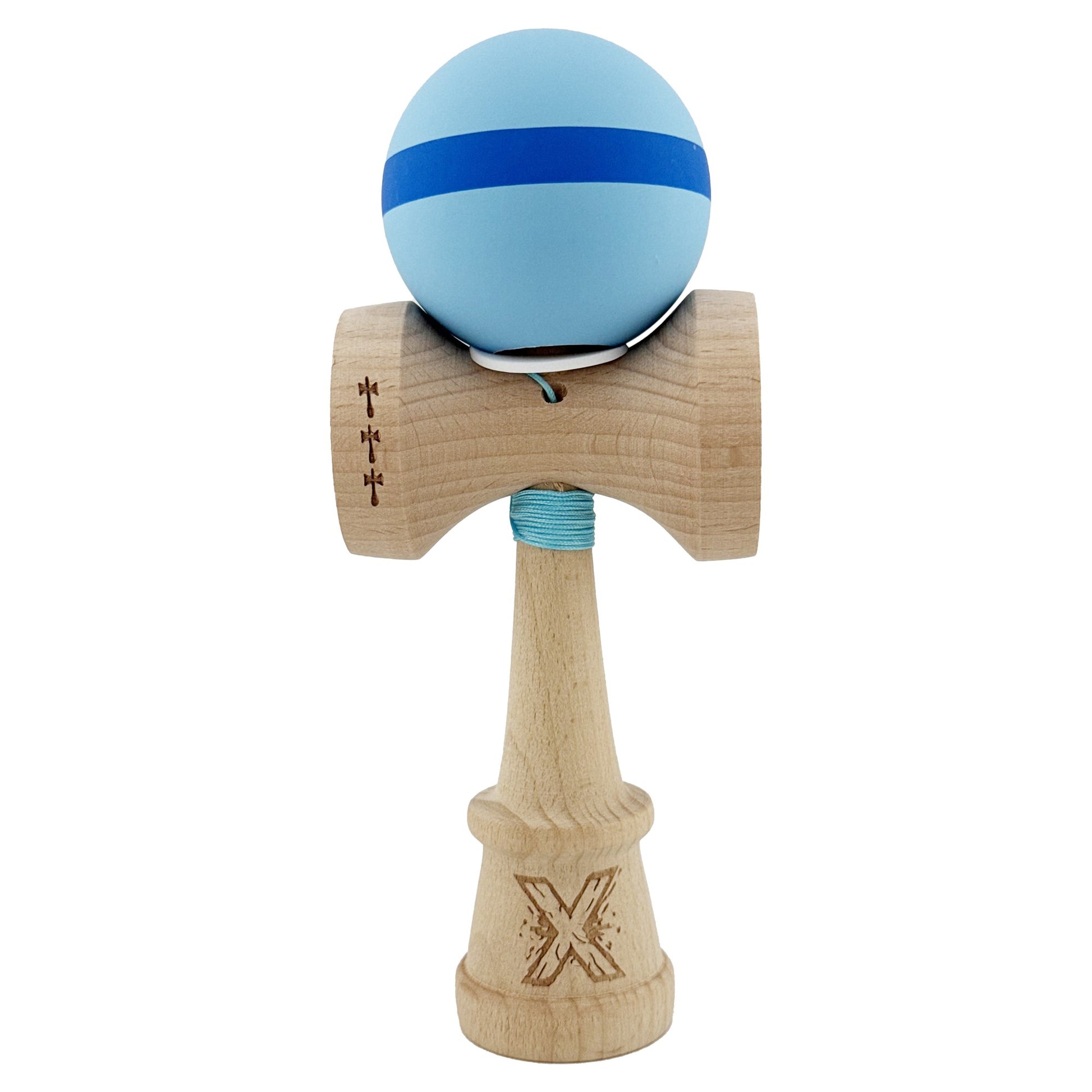 Kendama X Originala, Profesionala, Klevo, Cupe Mari KING SIZE V3, Rubber Grip, Gaura in Baza, Rulment Metalic, din lemn 18 cm, Ata 62/65 cm, M Bleu/Albastru/Bleu