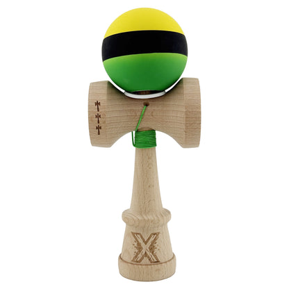 Kendama X Originala, Profesionala, Klevo, Cupe Mari KING SIZE V3, Rubber Grip, Gaura in Baza, Rulment Metalic, din lemn 18 cm, Ata 62/65 cm, M Galben/Negru/Verde