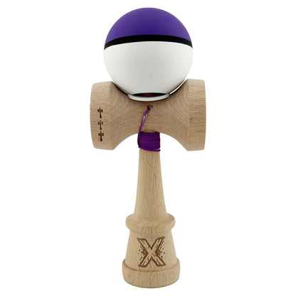 Kendama X Originala, Profesionala, Klevo, Cupe Mari KING SIZE V3, Rubber Grip, Gaura in Baza, Rulment Metalic, din lemn 18 cm, Ata 62/65 cm, S Bicolor Violet/Alb