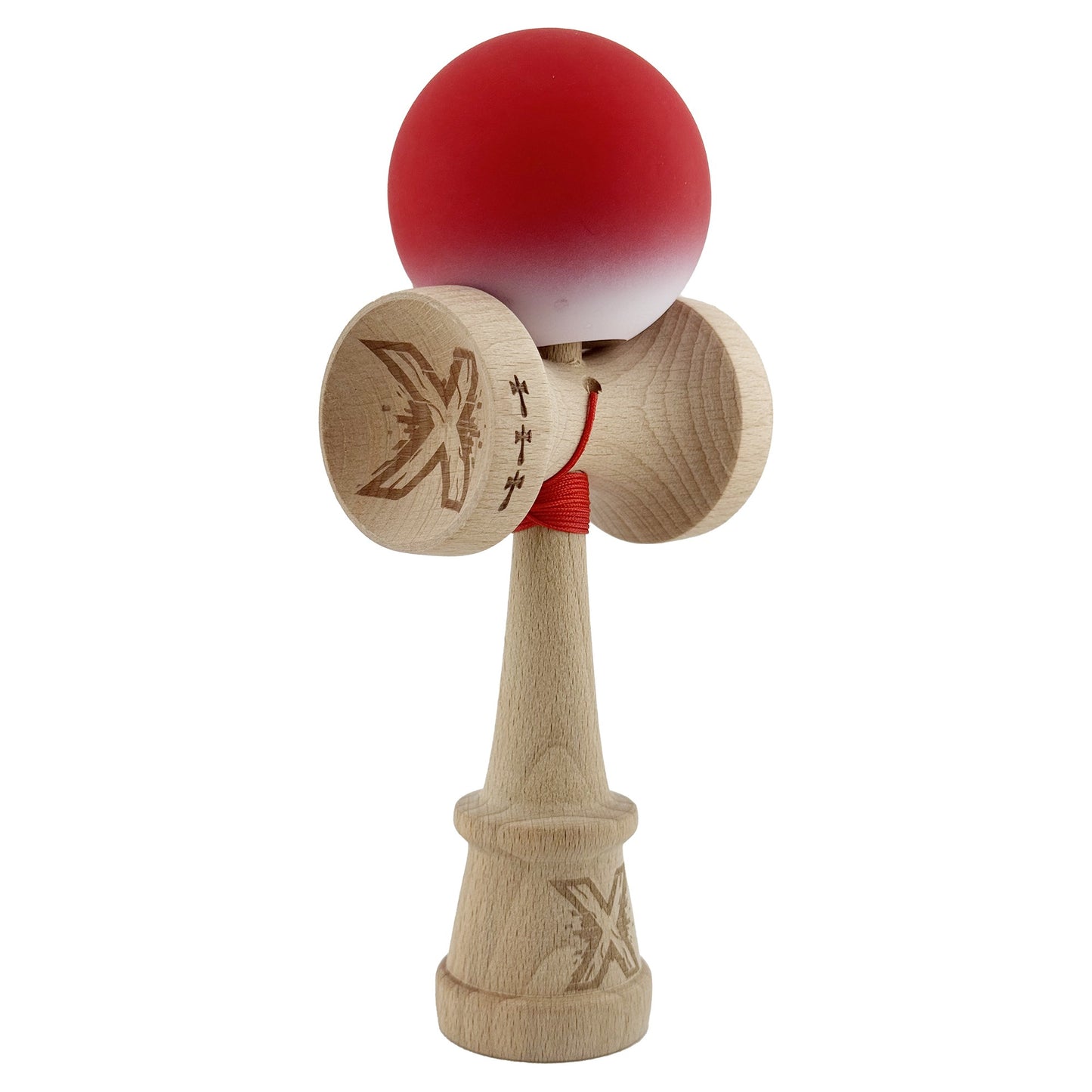 Kendama X Originala, Profesionala, Klevo, Cupe Mari KING SIZE V3, Rubber Grip, Gaura in Baza, Rulment Metalic, din lemn 18 cm, Ata 62/65 cm, Gradient Rosu/Alb