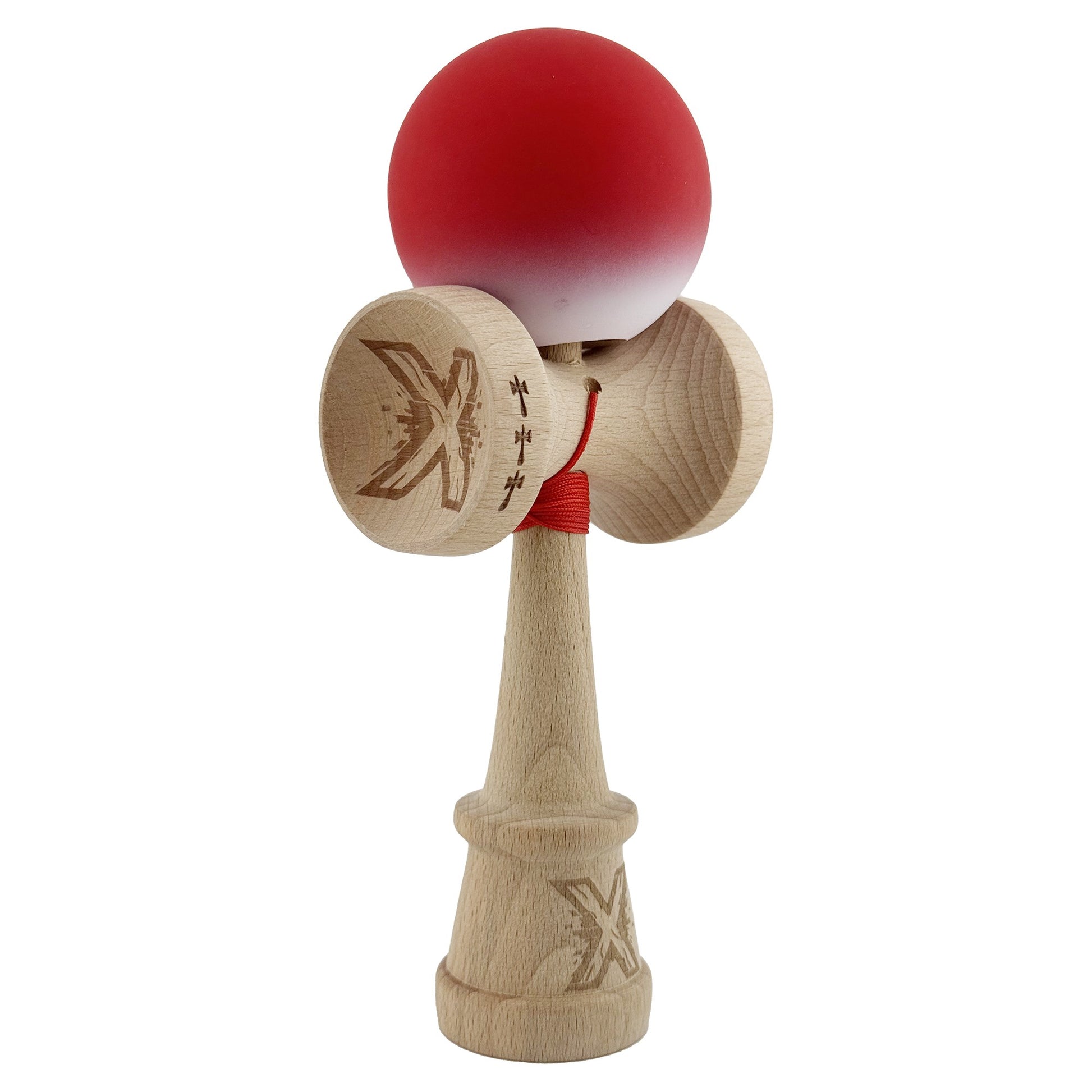 Kendama X Originala, Profesionala, Klevo, Cupe Mari KING SIZE V3, Rubber Grip, Gaura in Baza, Rulment Metalic, din lemn 18 cm, Ata 62/65 cm, Gradient Rosu/Alb