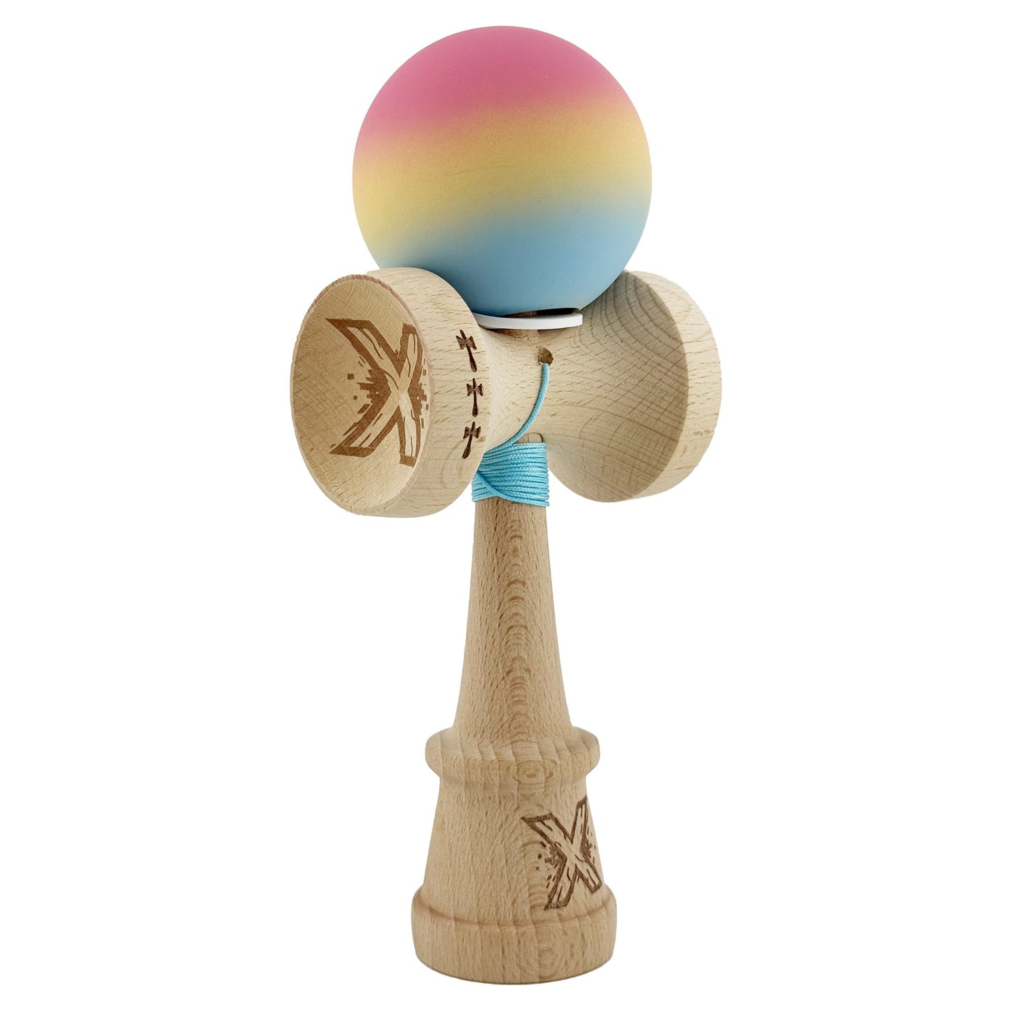 Kendama X Originala, Profesionala, Klevo, Cupe Mari KING SIZE V3, Rubber Grip, Gaura in Baza, Rulment Metalic, din lemn 18 cm, Ata 62/65 cm, Gradient Roz/Galben/Albastru deschis