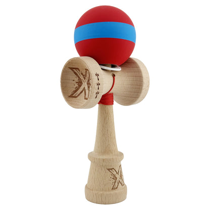 Kendama X Originala, Profesionala, Klevo, Cupe Mari KING SIZE V3, Rubber Grip, Gaura in Baza, Rulment Metalic, din lemn 18 cm, Ata 62/65 cm, M Bicolor Rosu/Albastru