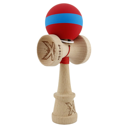 Kendama X Originala, Profesionala, Klevo, Cupe Mari KING SIZE V3, Rubber Grip, Gaura in Baza, Rulment Metalic, din lemn 18 cm, Ata 62/65 cm, M Bicolor Rosu/Albastru