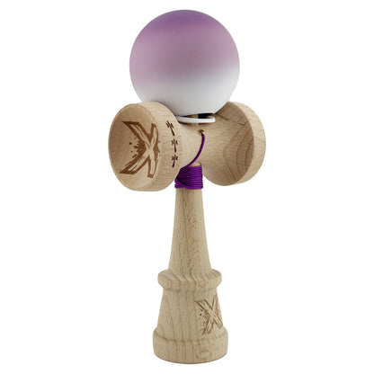 Kendama X Originala, Profesionala, Klevo, Cupe Mari KING SIZE V3, Rubber Grip, Gaura in Baza, Rulment Metalic, din lemn 18 cm, Ata 62/65 cm, Gradient Mov/Alb