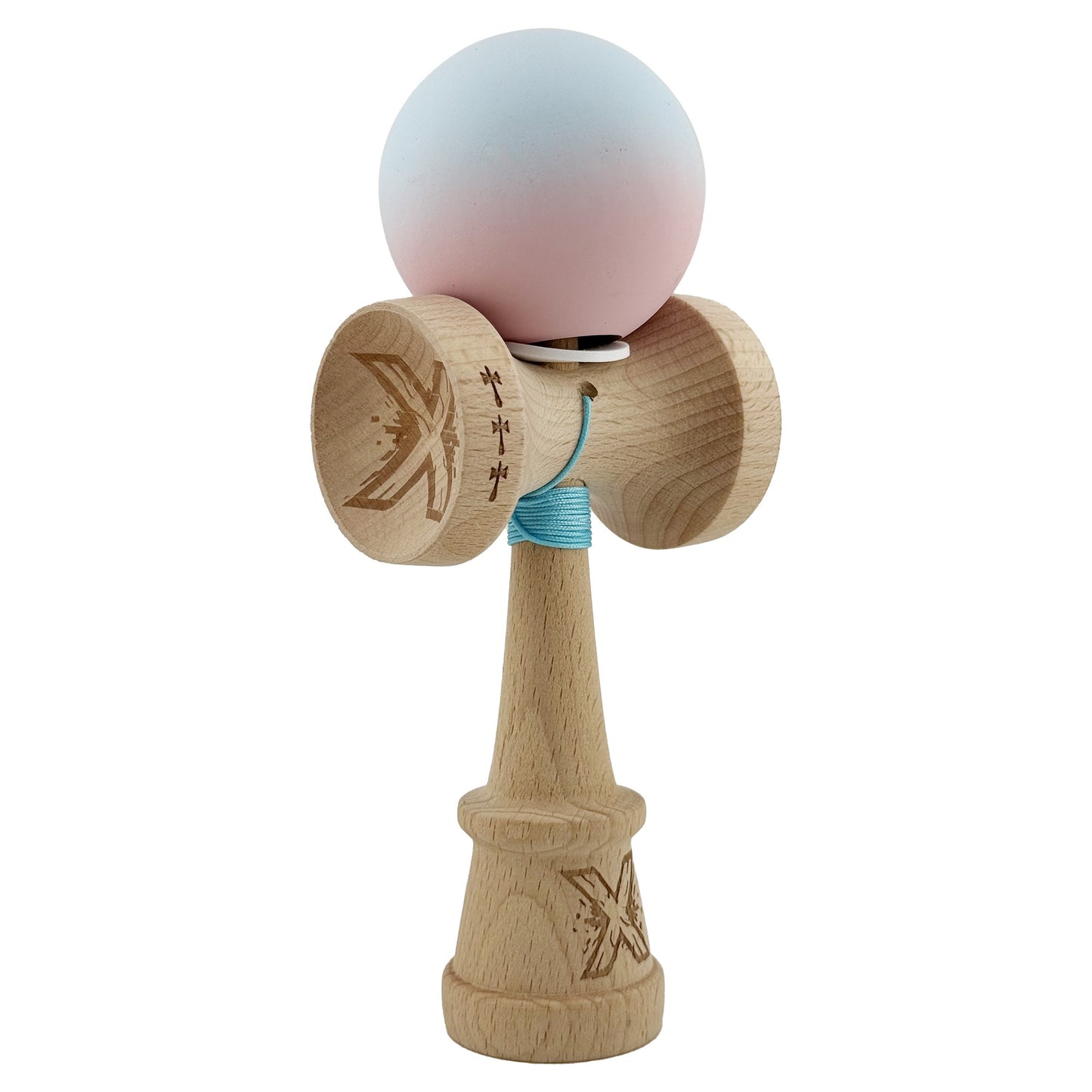 Kendama X Originala, Profesionala, Klevo, Cupe Mari KING SIZE V3, Rubber Grip, Gaura in Baza, Rulment Metalic, din lemn 18 cm, Ata 62/65 cm, Gradient Albastru deschis/Roz