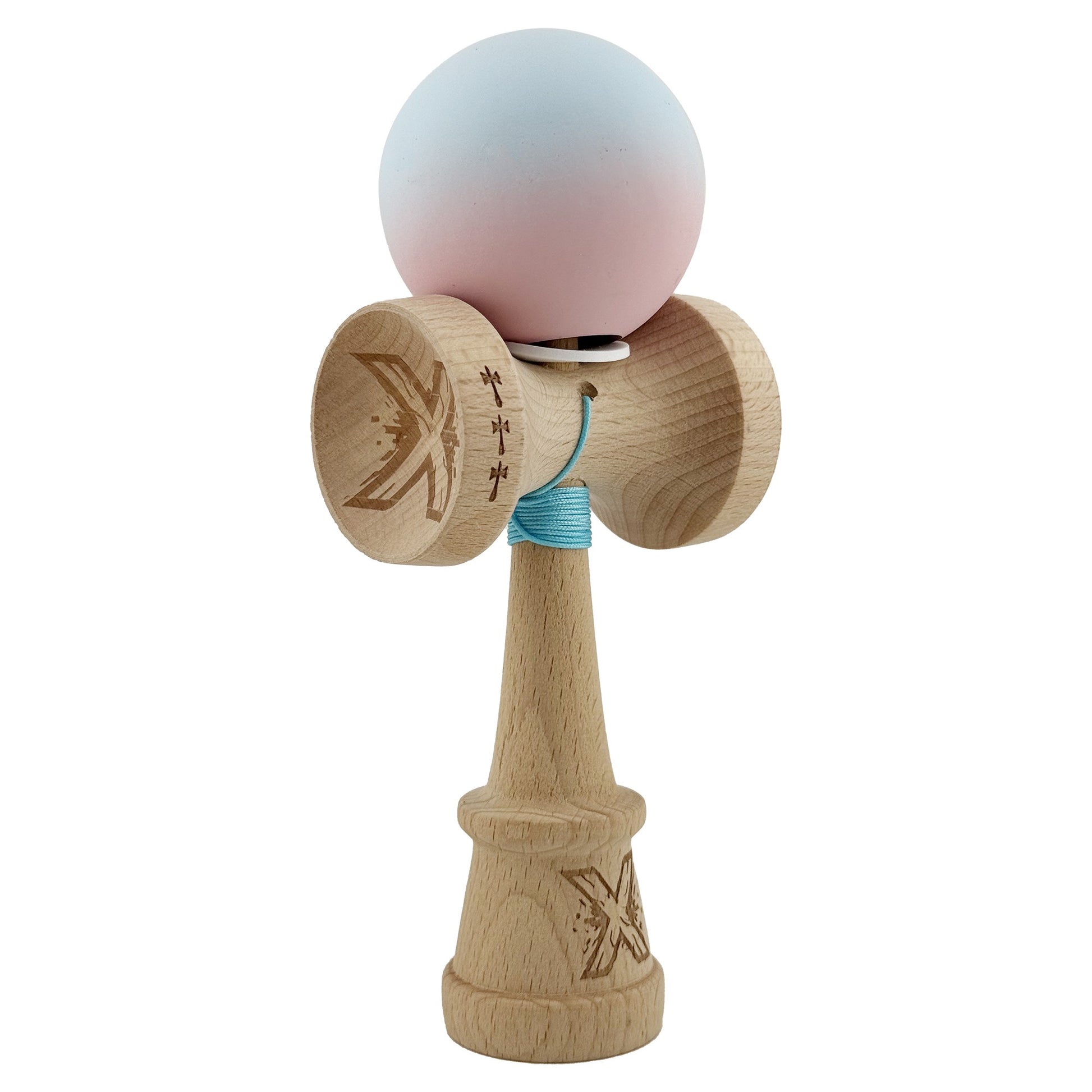 Kendama X Originala, Profesionala, Klevo, Cupe Mari KING SIZE V3, Rubber Grip, Gaura in Baza, Rulment Metalic, din lemn 18 cm, Ata 62/65 cm, Gradient Albastru deschis/Roz