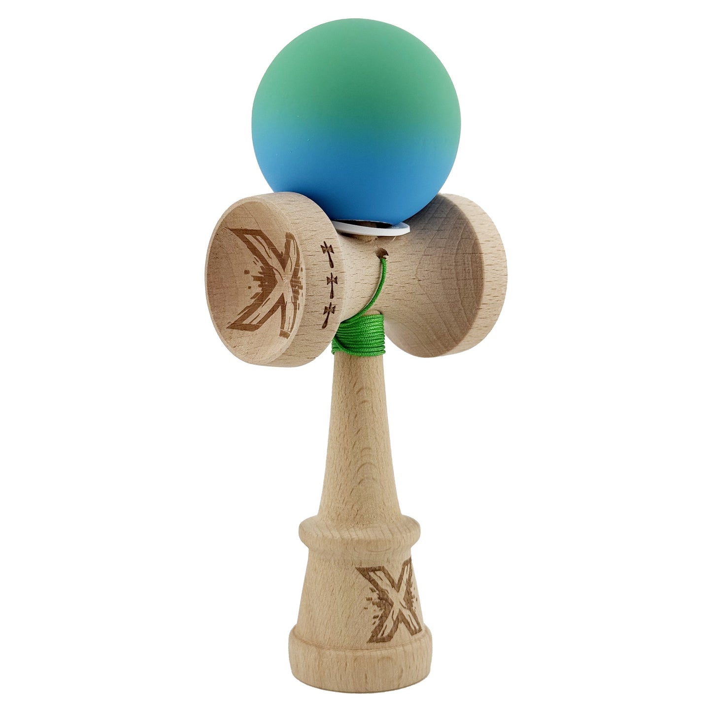 Kendama X Originala, Profesionala, Klevo, Cupe Mari KING SIZE V3, Rubber Grip, Gaura in Baza, Rulment Metalic, din lemn 18 cm, Ata 62/65 cm, Gradient Verde/Albastru
