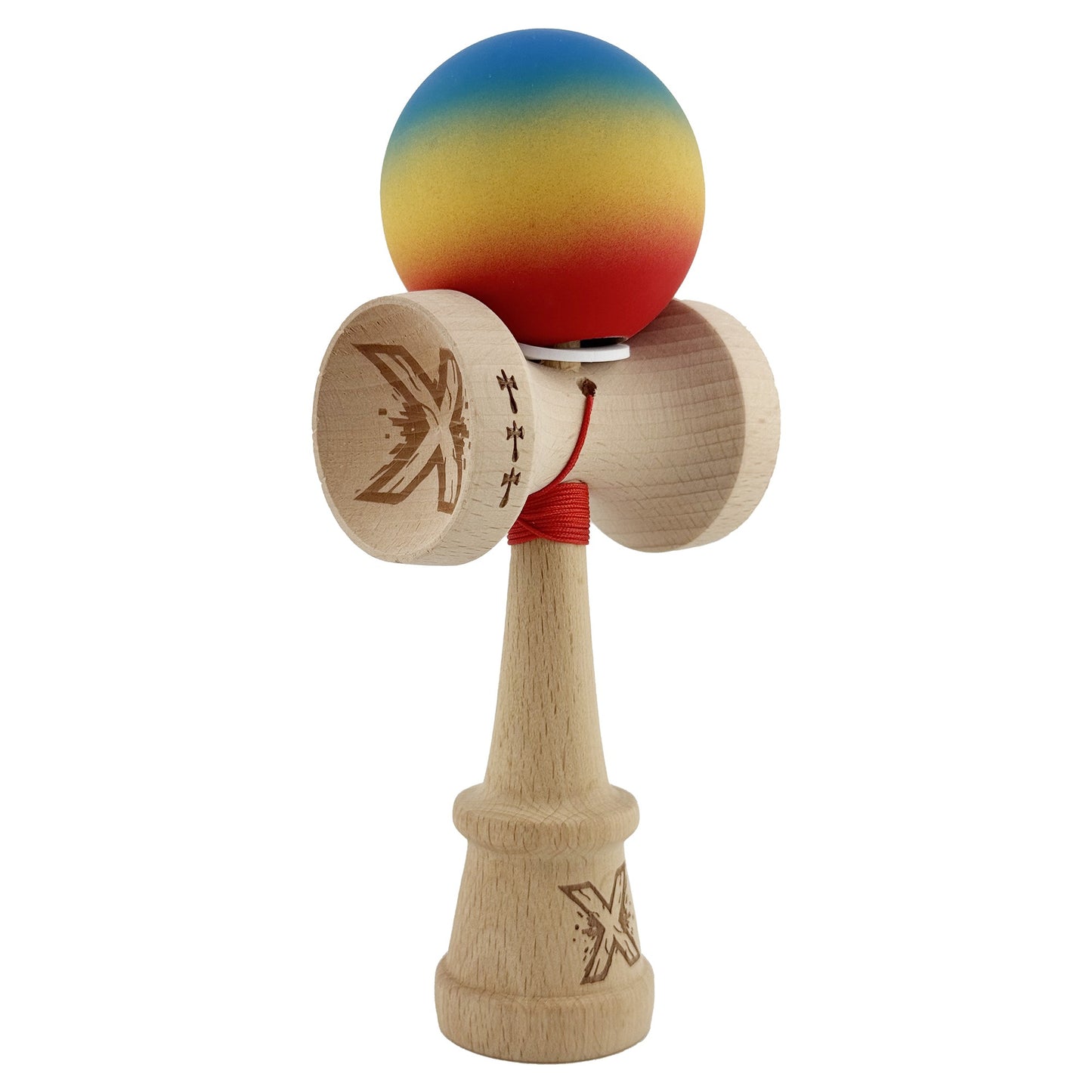 Kendama X Originala, Profesionala, Klevo, Cupe Mari KING SIZE V3, Rubber Grip, Gaura in Baza, Rulment Metalic, din lemn 18 cm, Ata 62/65 cm, Gradient Albastru/Galben/Rosu