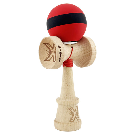 Kendama X Originala, Profesionala, Klevo, Cupe Mari KING SIZE V3, Rubber Grip, Gaura in Baza, Rulment Metalic, din lemn 18 cm, Ata 62/65 cm, M Bicolor Rosu Dublu/Negru