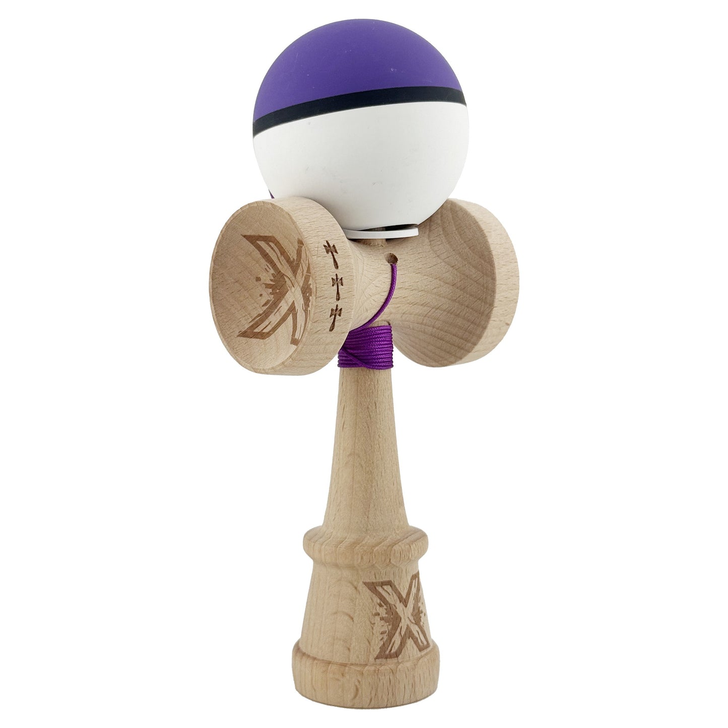 Kendama X Originala, Profesionala, Klevo, Cupe Mari KING SIZE V3, Rubber Grip, Gaura in Baza, Rulment Metalic, din lemn 18 cm, Ata 62/65 cm, S Bicolor Mov/Alb
