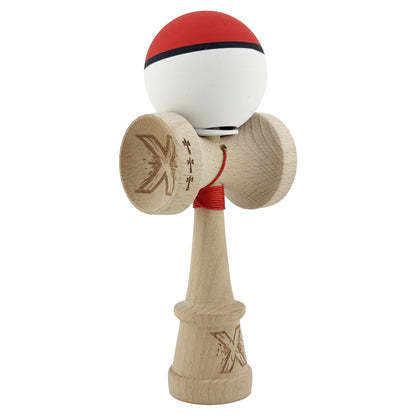 Kendama X Originala, Profesionala, Klevo, Cupe Mari KING SIZE V3, Rubber Grip, Gaura in Baza, Rulment Metalic, din lemn 18 cm, Ata 62/65 cm, S Bicolor Rosu/Alb
