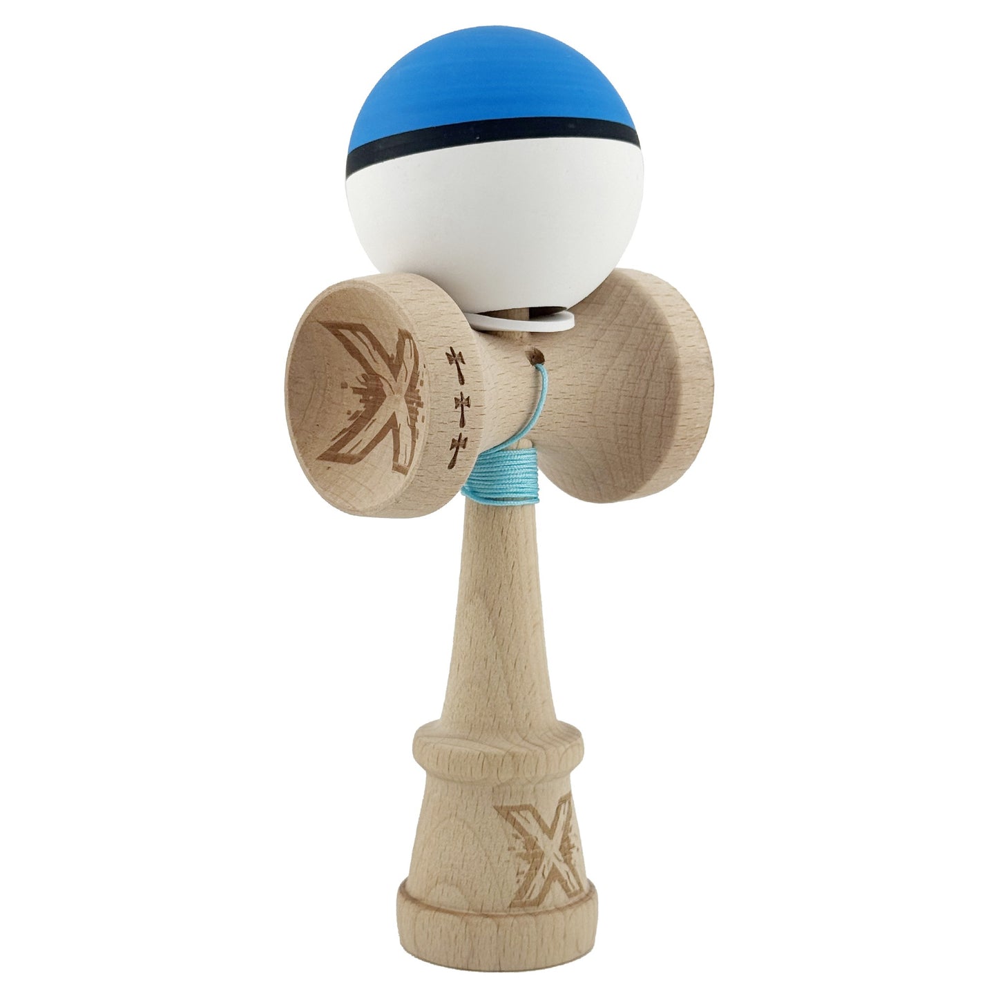 Kendama X Originala, Profesionala, Klevo, Cupe Mari KING SIZE V3, Rubber Grip, Gaura in Baza, Rulment Metalic, din lemn 18 cm, Ata 62/65 cm, S Bicolor Albastru/Alb