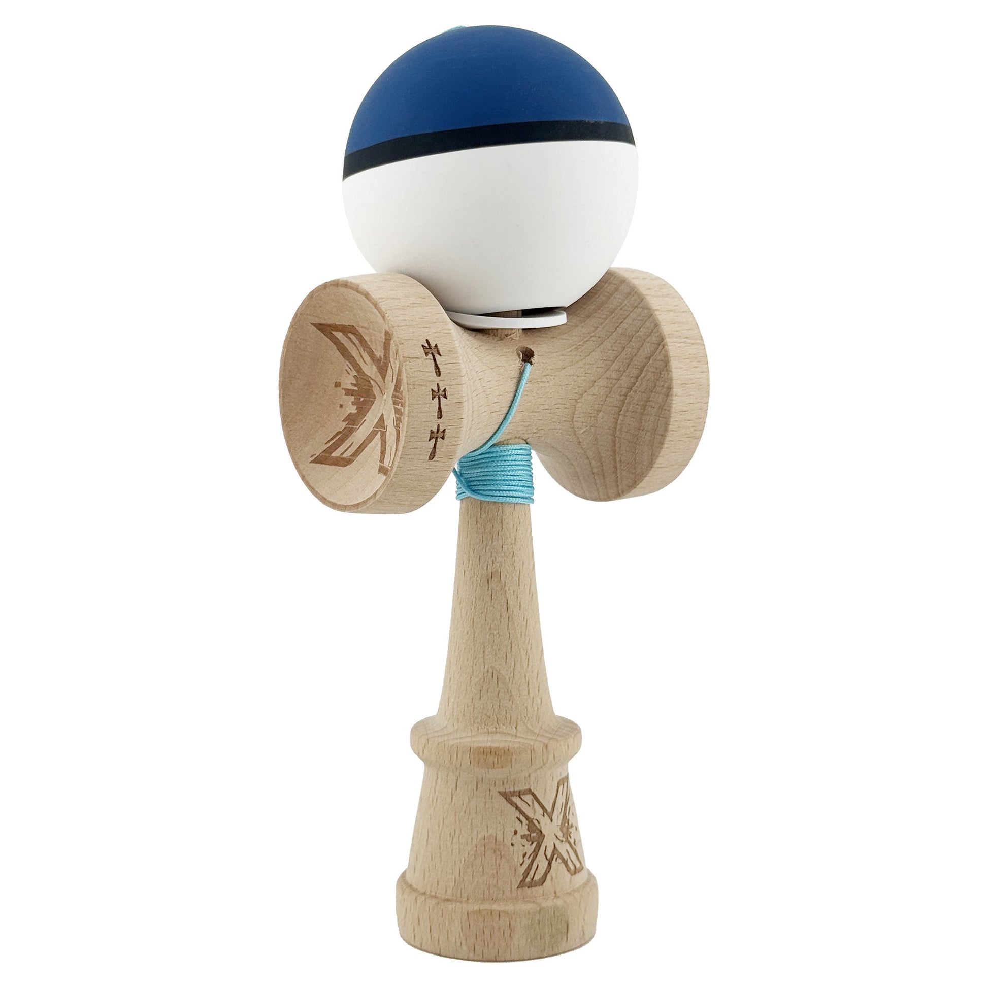 Kendama X Originala, Profesionala, Klevo, Cupe Mari KING SIZE V3, Rubber Grip, Gaura in Baza, Rulment Metalic, din lemn 18 cm, Ata 62/65 cm, S Bicolor Albastru inchis/Alb