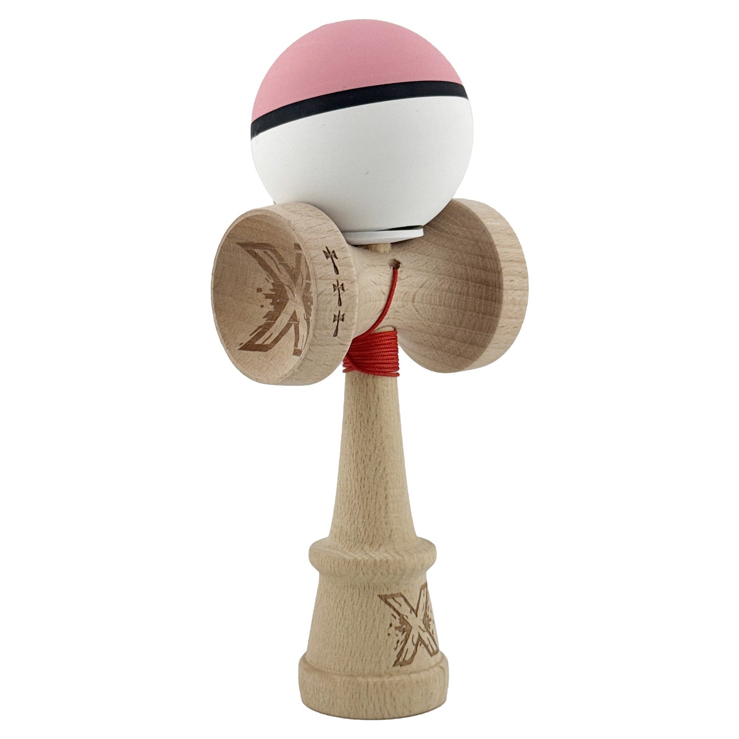 Kendama X Originala, Profesionala, Klevo, Cupe Mari KING SIZE V3, Rubber Grip, Gaura in Baza, Rulment Metalic, din lemn 18 cm, Ata 62/65 cm, S Bicolor Roz/Alb
