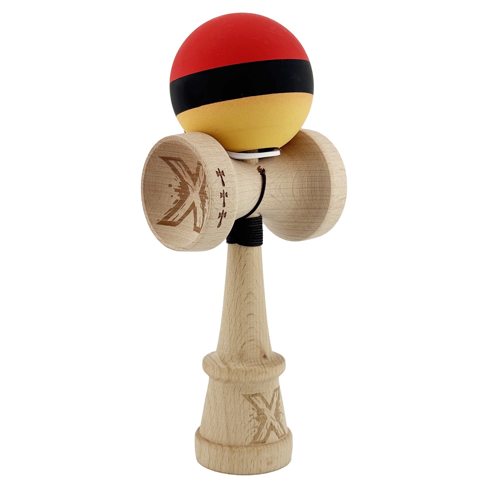 Kendama X Originala, Profesionala, Klevo, Cupe Mari KING SIZE V3, Rubber Grip, Gaura in Baza, Rulment Metalic, din lemn 18 cm, Ata 62/65 cm, M Rosu/Negru/Galben
