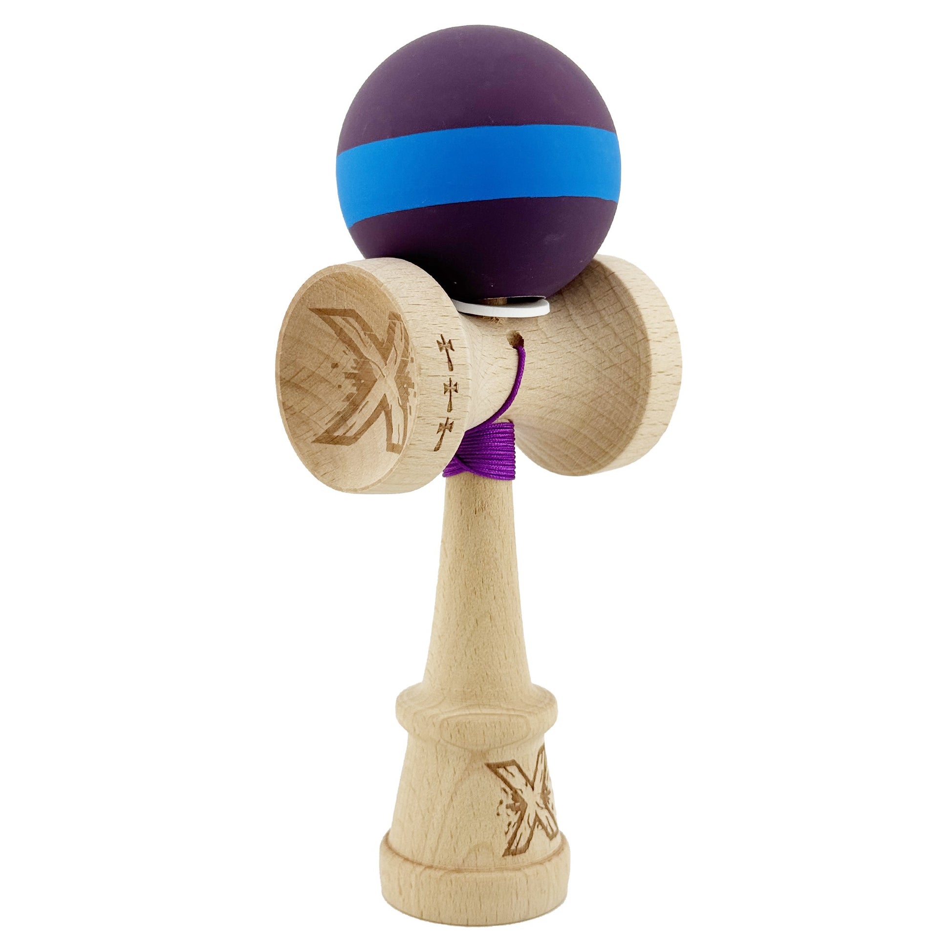 Kendama X Originala, Profesionala, Klevo, Cupe Mari KING SIZE V3, Rubber Grip, Gaura in Baza, Rulment Metalic, din lemn 18 cm, Ata 62/65 cm, M Mov/Albastru/Mov
