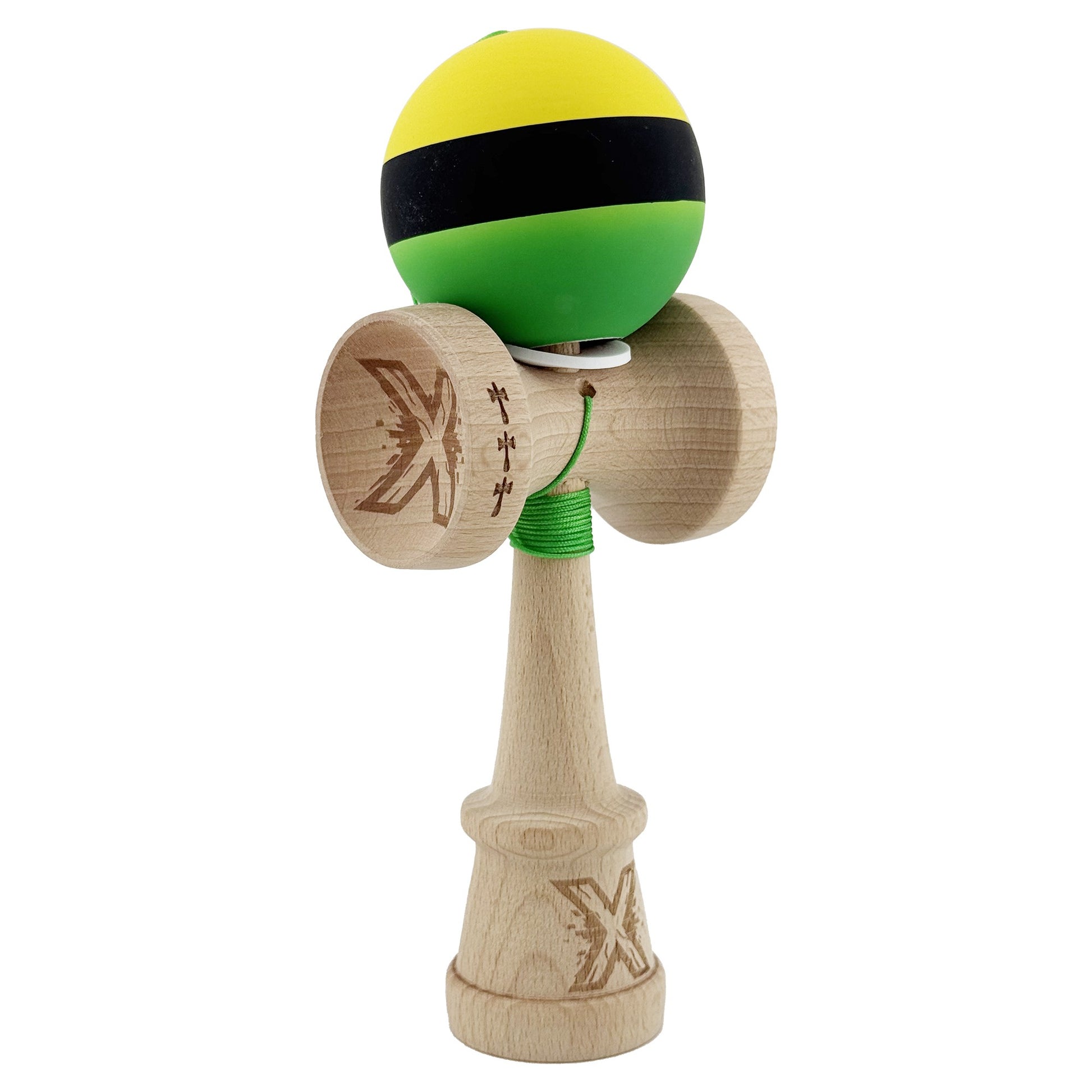 Kendama X Originala, Profesionala, Klevo, Cupe Mari KING SIZE V3, Rubber Grip, Gaura in Baza, Rulment Metalic, din lemn 18 cm, Ata 62/65 cm, M Galben/Negru/Verde