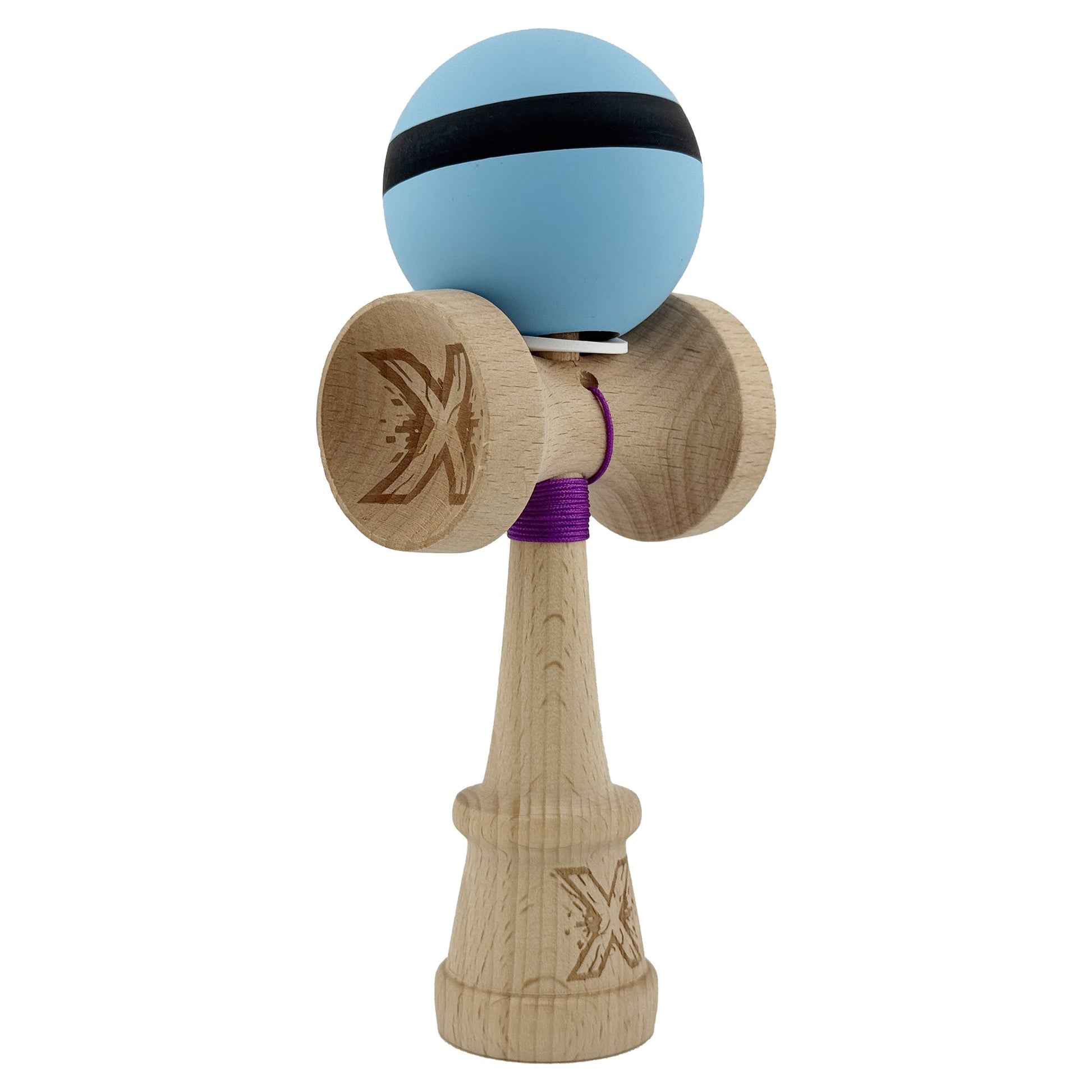 Kendama X Originala, Profesionala, Klevo, Cupe Mari KING SIZE V3, Rubber Grip, Gaura in Baza, Rulment Metalic, din lemn 18 cm, Ata 62/65 cm, M Bleu/Negru/Bleu