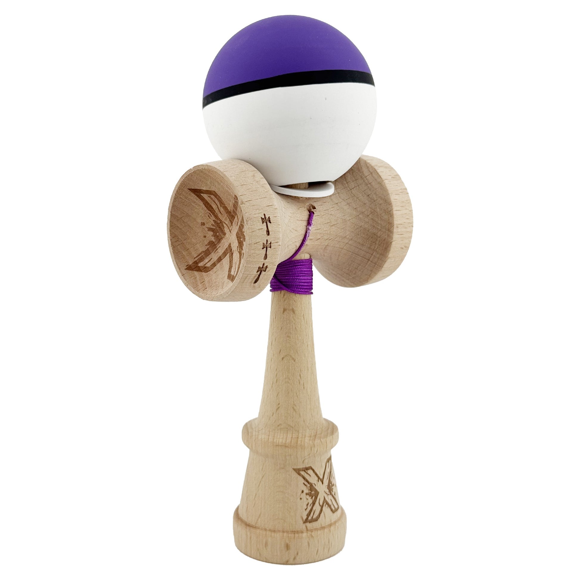 Kendama X Originala, Profesionala, Klevo, Cupe Mari KING SIZE V3, Rubber Grip, Gaura in Baza, Rulment Metalic, din lemn 18 cm, Ata 62/65 cm, S Bicolor Violet/Alb