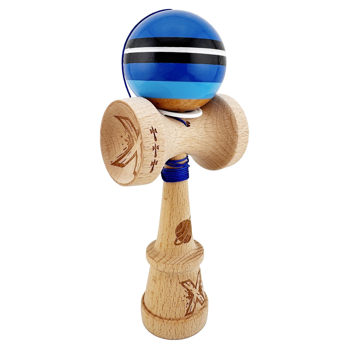 Kendama X Originala, Profesionala, Klevo, SATURN Blue Planet, Super Sticky cu Cupe Mari KING SIZE V3, Gaura in Baza, Rulment Metalic, din lemn 18 cm, Ata 62/65 cm, Albastru