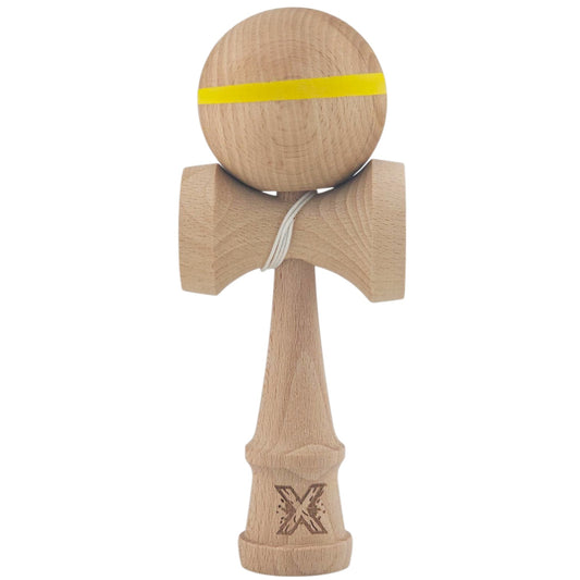 Kendama X Originală, Profesională, Klevo, din Lemn, 18 cm, cu Dunga, Galben, Lemn