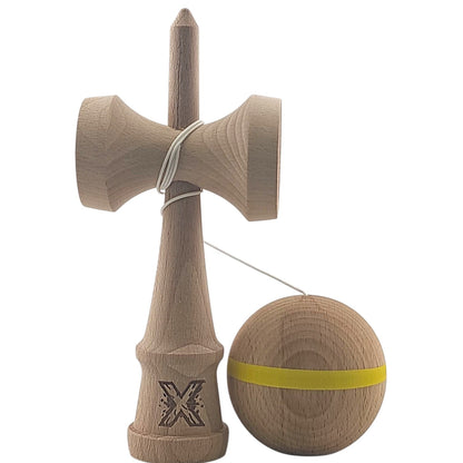 Kendama X Originală, Profesională, Klevo, din Lemn, 18 cm, cu Dunga, Galben, Lemn