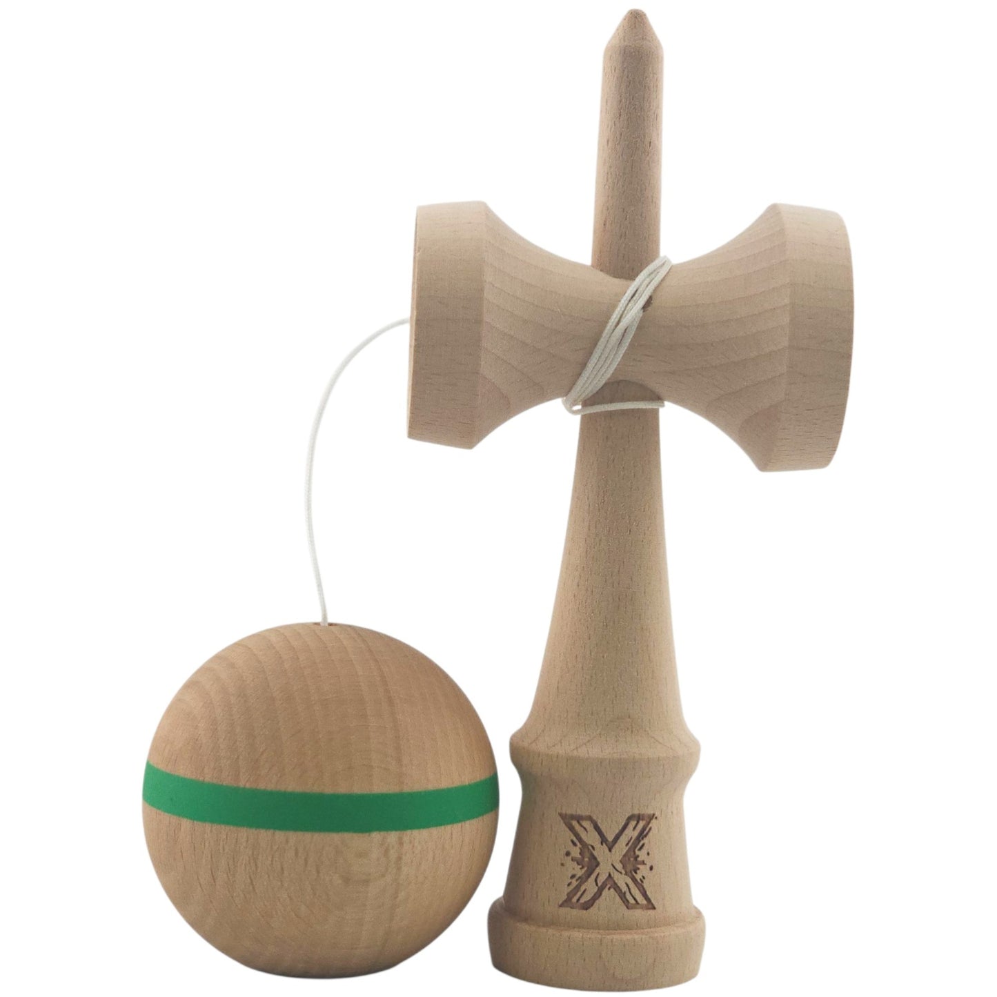 Kendama X Originală, Profesională, Klevo, din Lemn,18 cm, Model cu Dunga Verde